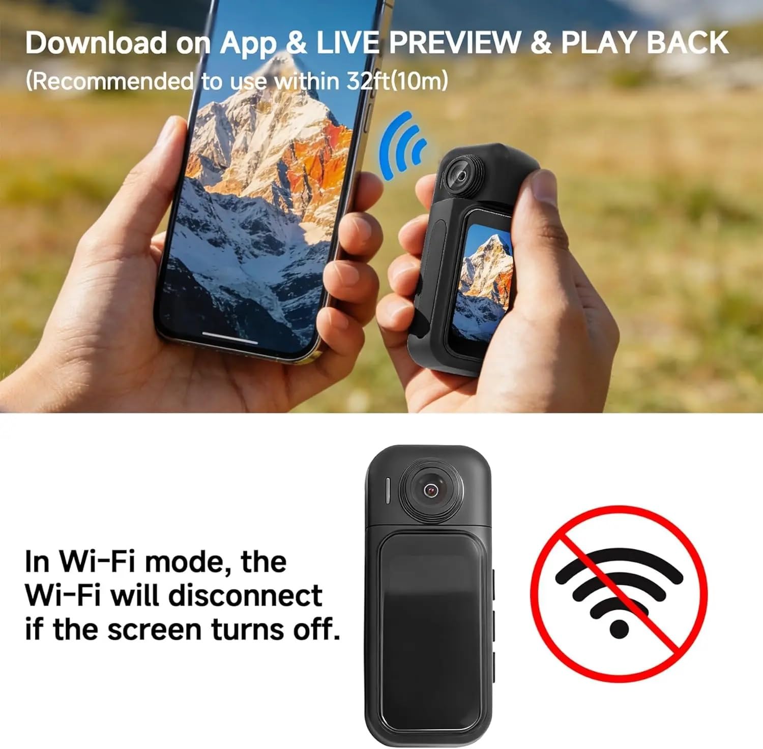 Mini Action Cam con Schermo Touch, Fotocamera Magnetica Portatile per Vlog e Social Media, Mini Body Cam con Custodia Subacquea 30m, Grandangolo 120°, WiFi, Supporto App，Bianca
