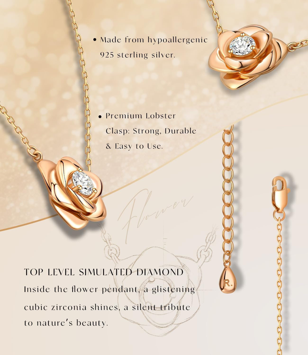 Raneecoco Rose Flower Necklace Gold Plated Sterling Silver Pendant Jewelry for Women, Hypoallergenic & Nickel Free - Image 3