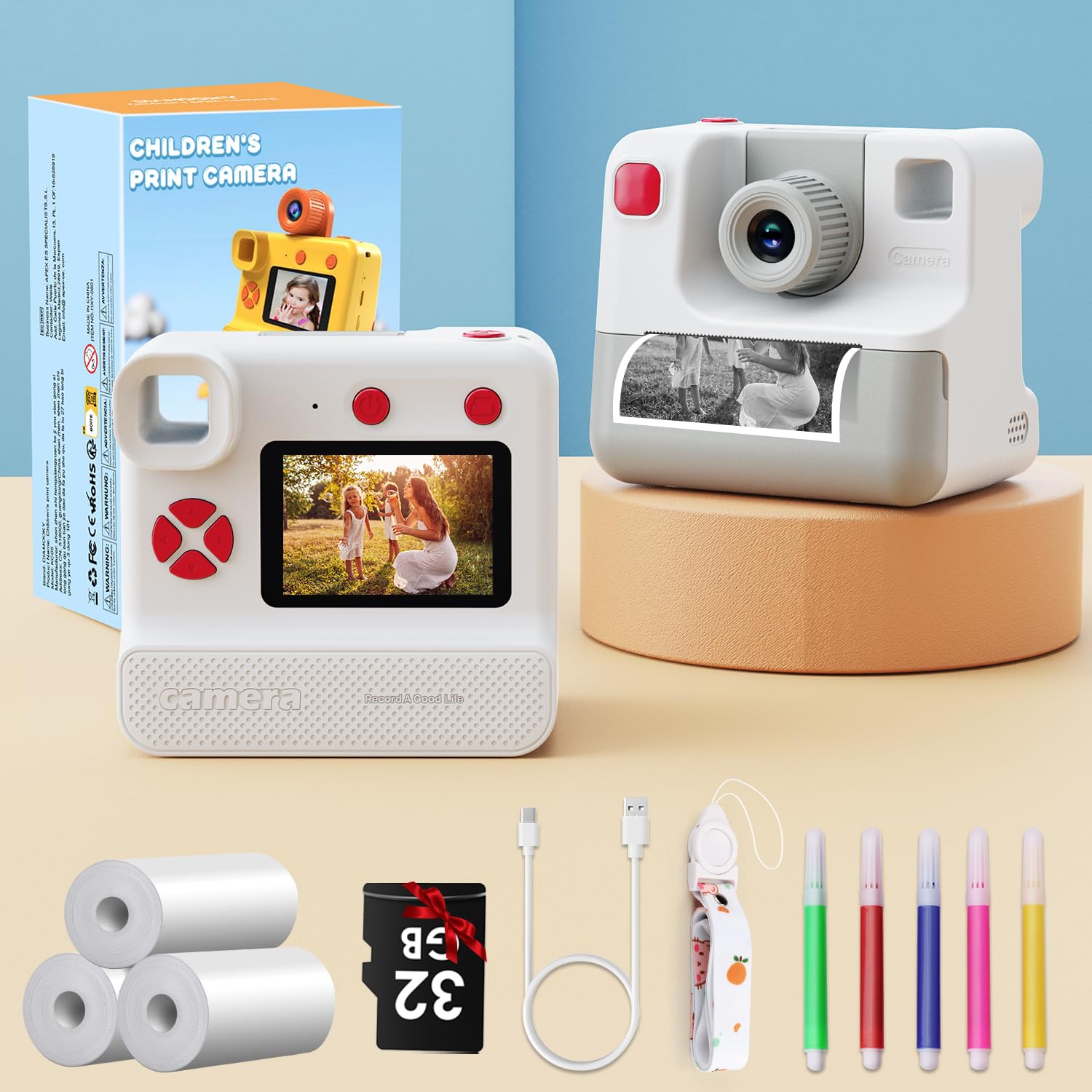Appareil Photo Enfant Instantanée,1080P Appareil Photo Numérique Enfant avec Papier d'impression & Carte TF 32G, Stylo 5 Couleurs,Cadeau pour Filles Garçons de 3-10 Ans (Blanc)