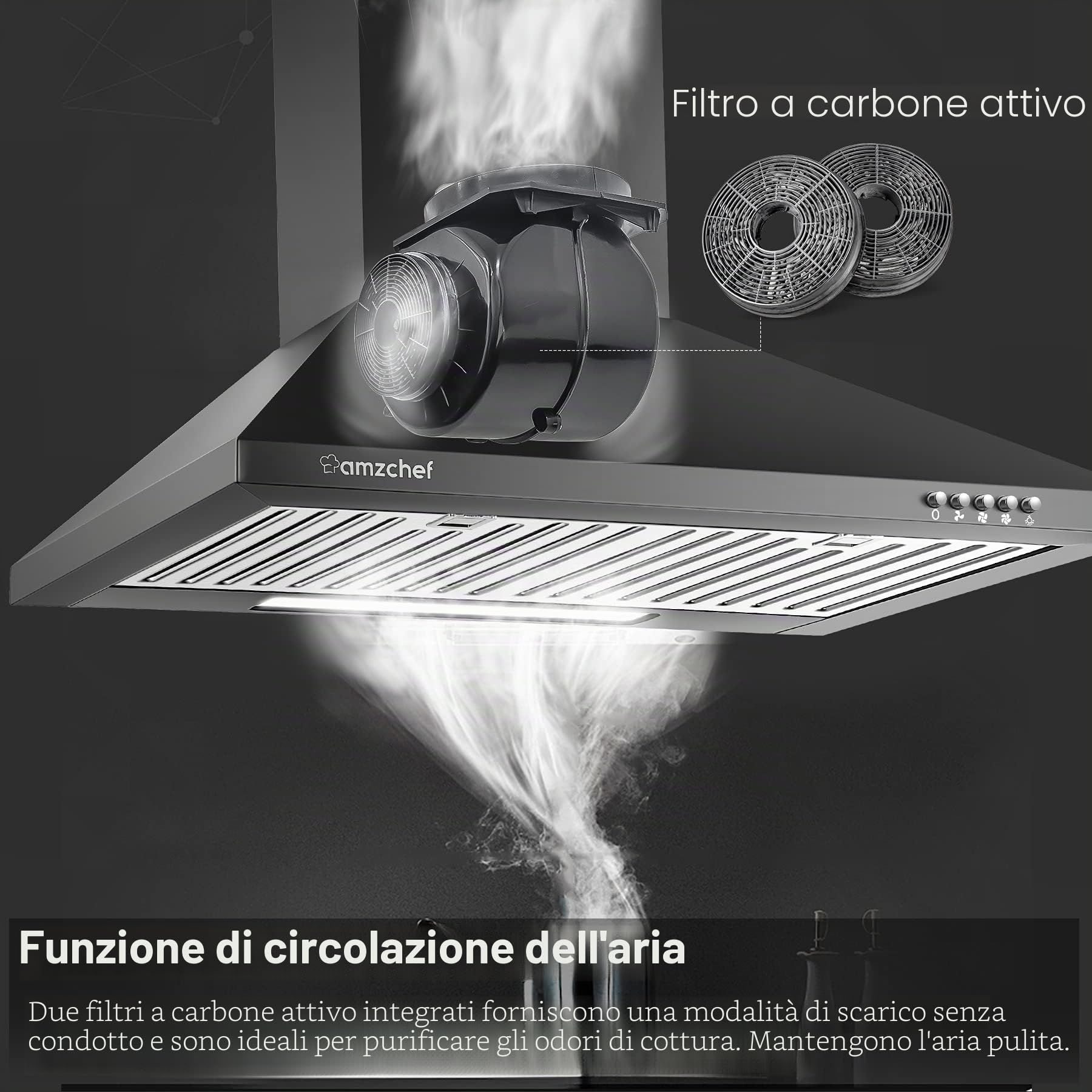 AMZCHEF Cappa Aspirante 60cm cappa a parete per ricircolo o espulsione aria cappa aspirante 370m³ / h 3 livelli di potenza illuminazione LED super silenziosa