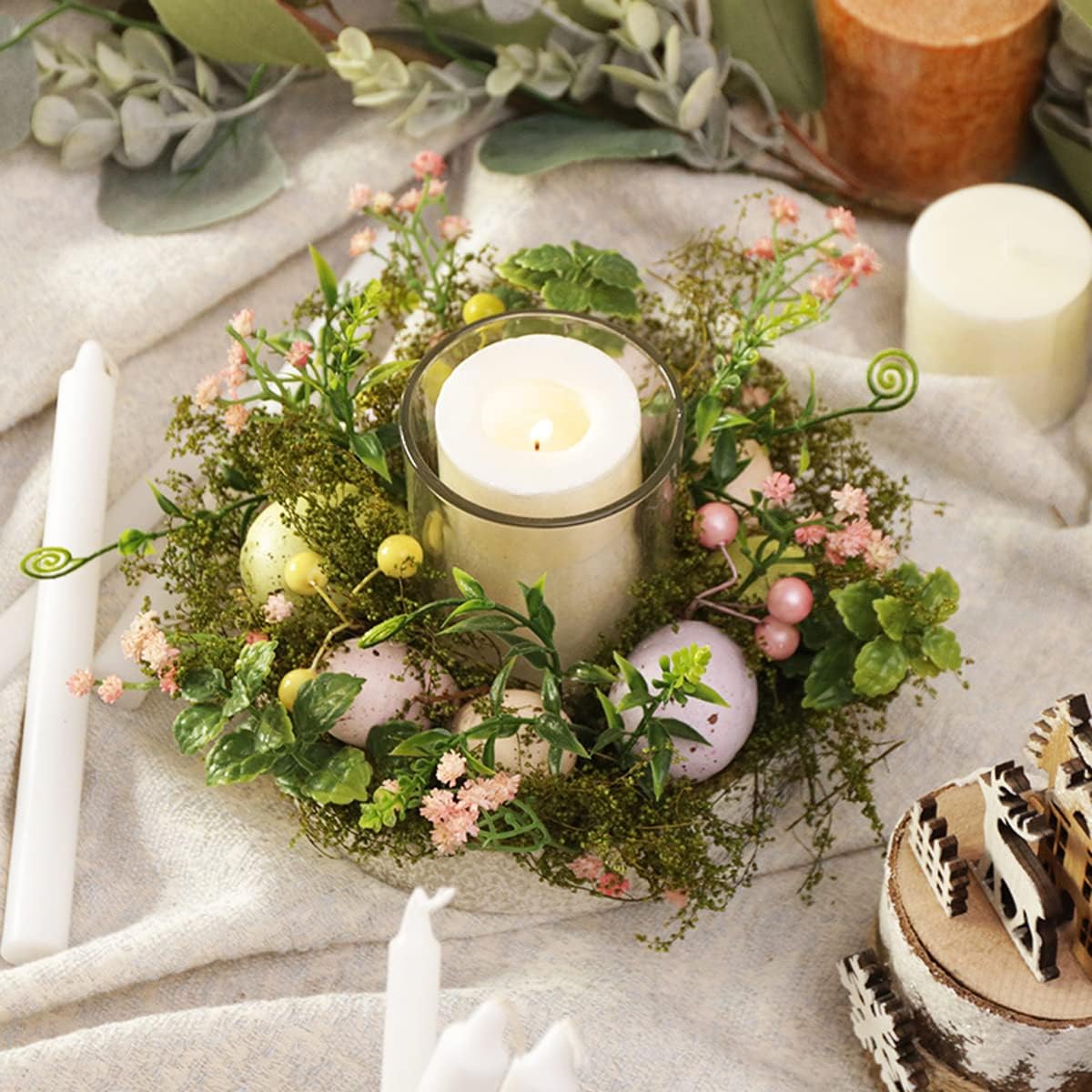 Colorful Easter Eggs Glass Tealight Candle Holder Cup, Candle Sticks lamp Tea Light Candlestick Holder with Artificial Plants Flowers for Spring Easter Home Table Centerpiece Decors (Exclude Candles)