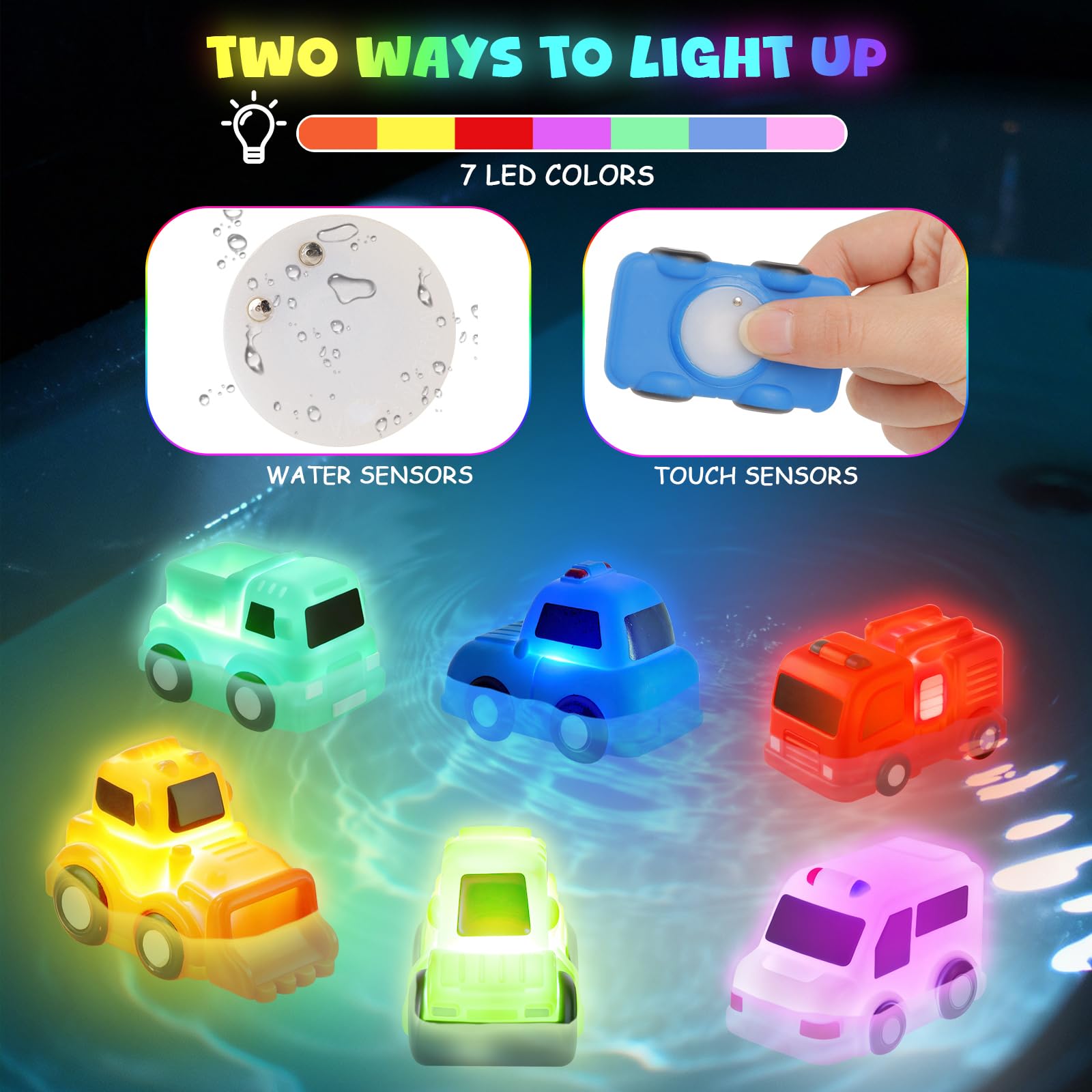 JoiTale Baby Bath Toys, 6 Pack Cars Light Up Bath Toys, No Hole No Mould Bathtub Toy for 1 2 3 Year Olds, Flashing LED Sensory Toy for Toddlers, Bath Time Shower Gifts for Boys and Girls — view 3