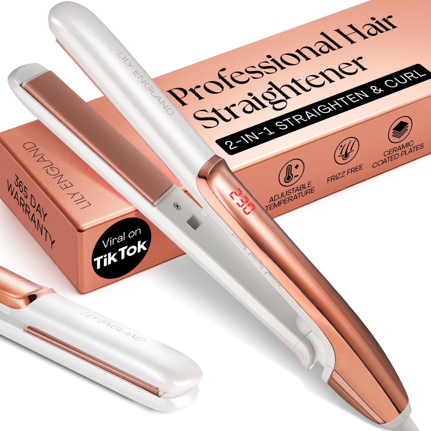 Hair Straighteners, Straightens & Curls, 100℃-230℃ Adjustable Temperature, Rose Gold