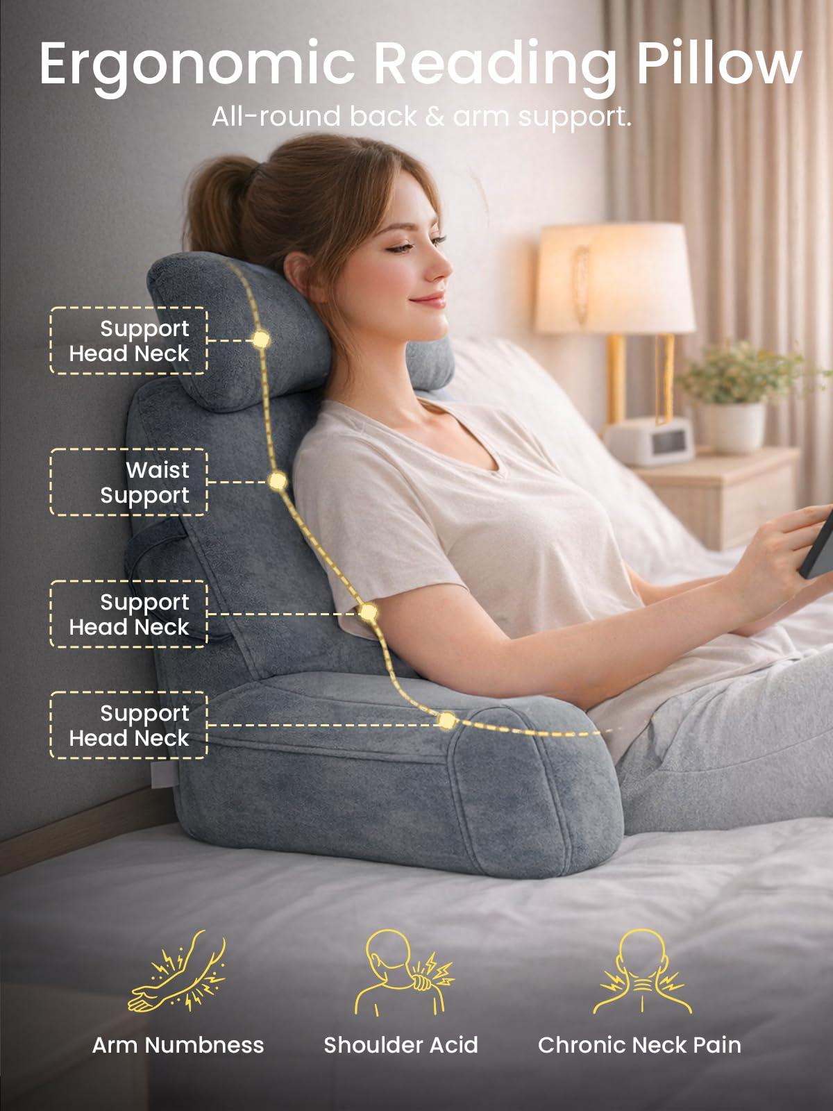 Lesekissen für Bett Erwachsene, Rückenkissen mit abnehmbarer Nackenrolle & hohen Armlehnen, (60-105) x 88 x 40 cm Bettkissen Rückenlehne zum Sitzen im Bett, Sofa, Lesen, Fernsehen,Grau (Grau, XL)