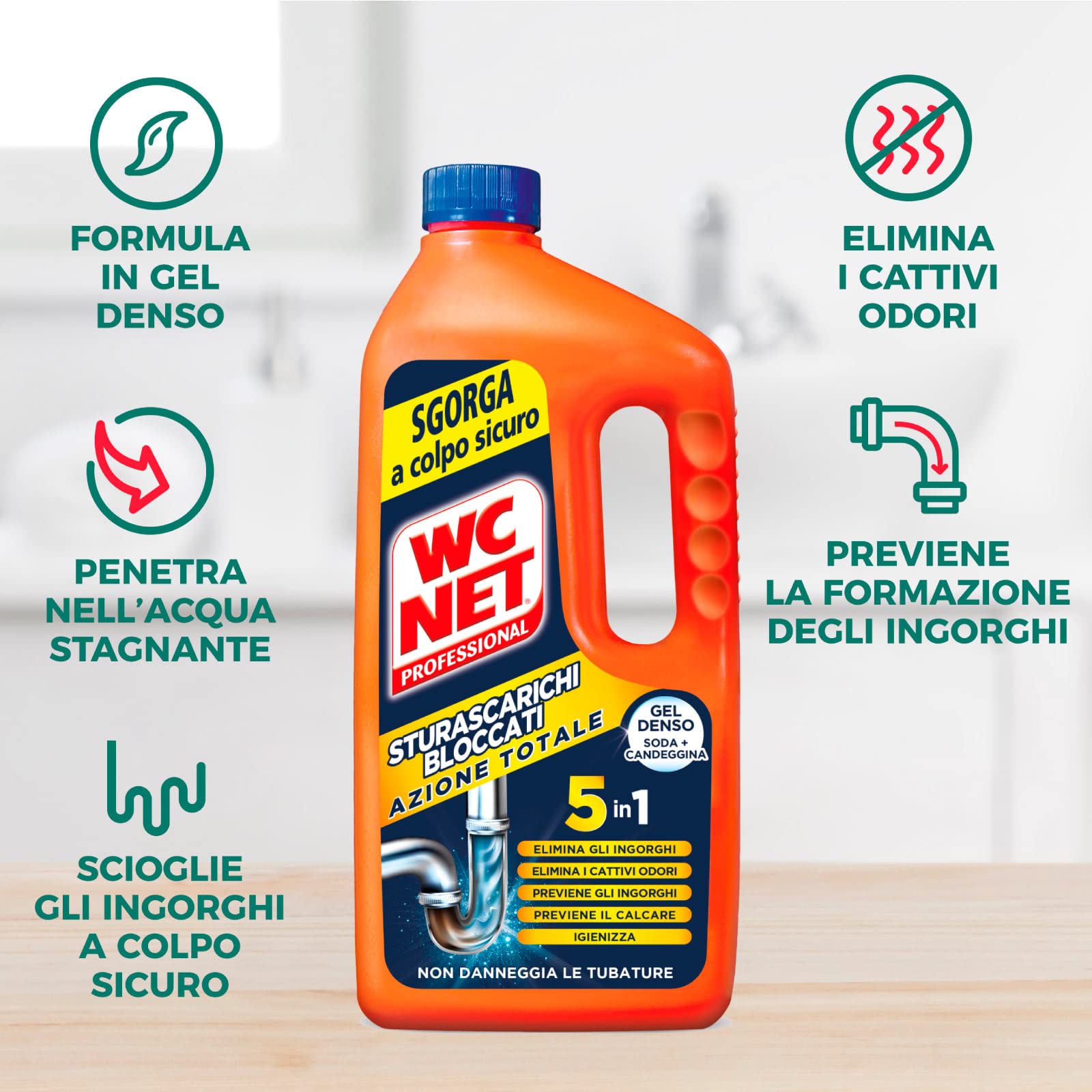 Wc Net Professional – Desatascador 5 acciones en 1, desatascador de tuberías y antical, 1000 ml x 4 paquetes