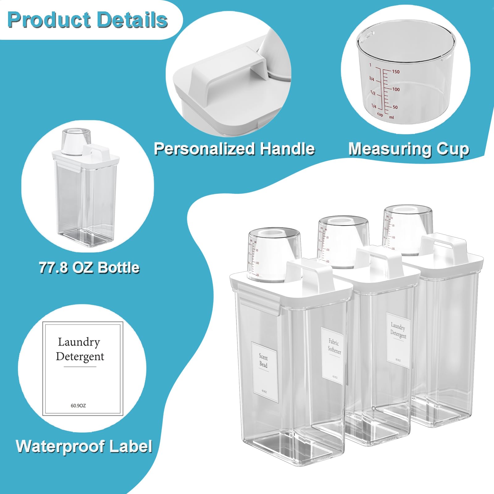 Dispenser per detersivo per bucato, confezione da 3 dispenser per liquidi, in plastica, per lavanderia, polvere e ammorbidente con etichette, trasparente