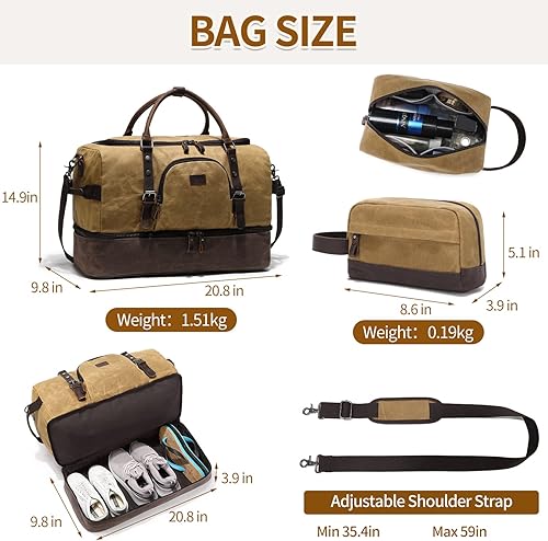 Miniatura 5 de Nerlion - Bolsa de fin de semana con compartimento para zapatos, bolsa grande de noche para hombres, lona de cuero genuino, bolsa de equipaje de