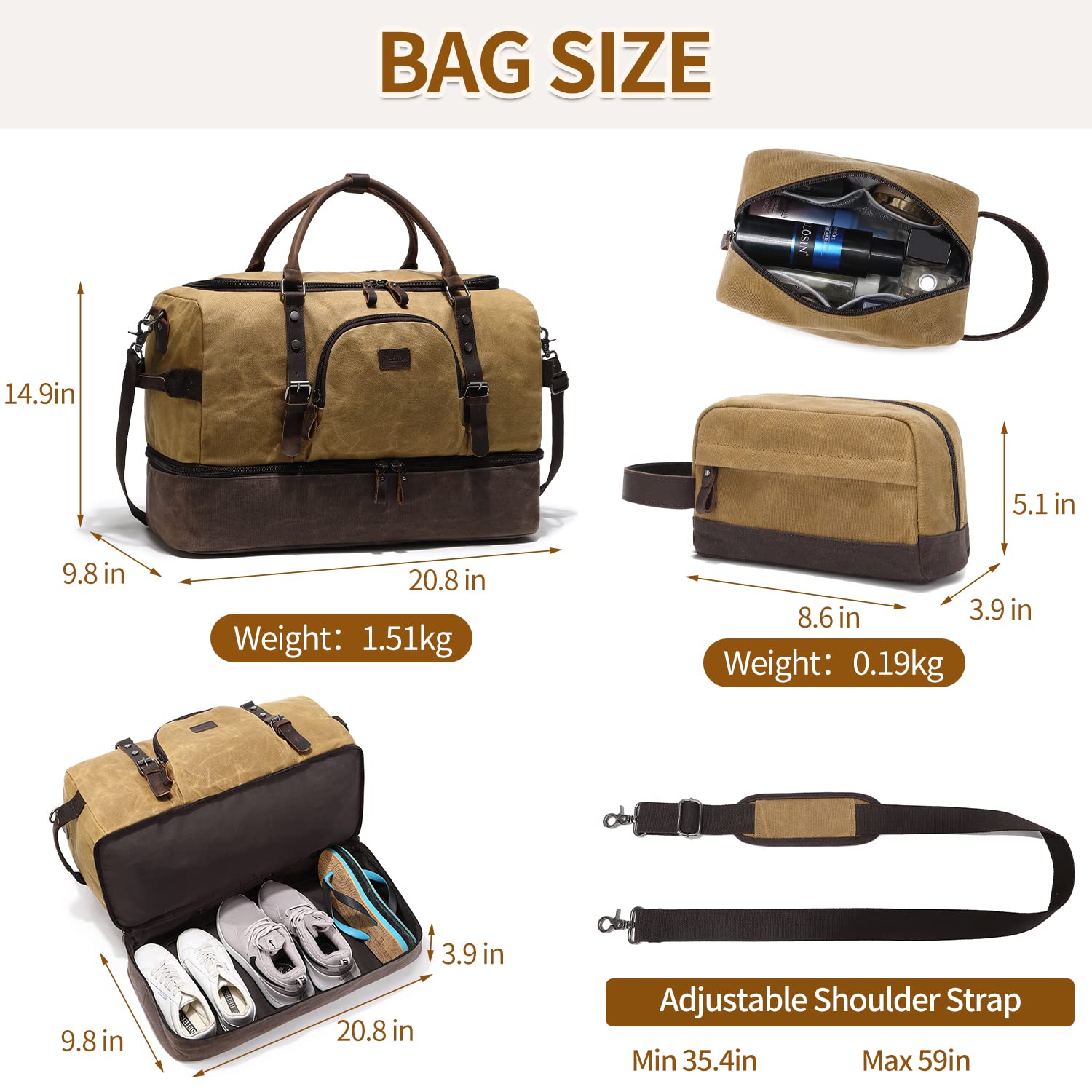 Nerlion Weekender Tasche mit Schuhfach Große Übernachtungstasche für Herren Canvas Echtleder Handgepäck Tasche Reise Seesack, Braun, Reisetasche