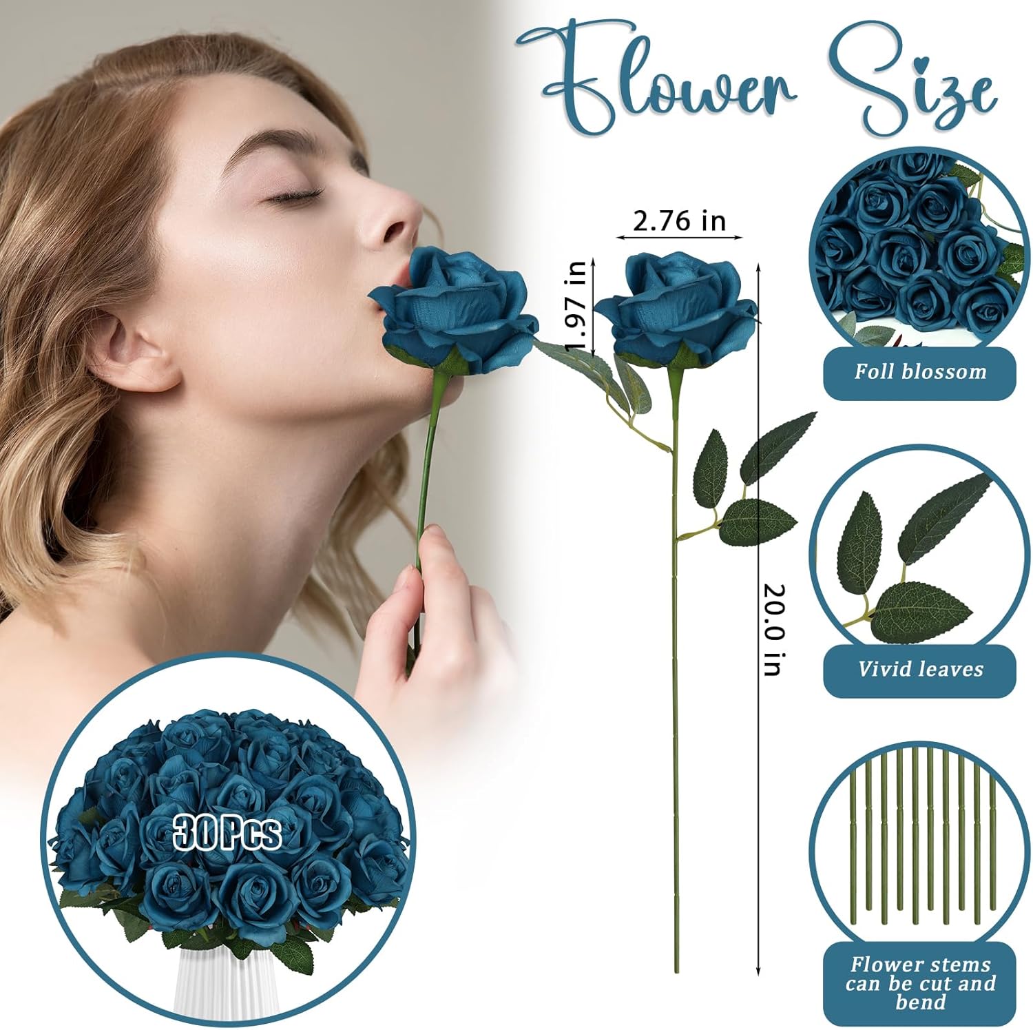 30pcs Fake Roses Artificial Silk Flowers Long Stems Bouquet for Wedding Bridal Shower Party Home Decoration (Teal) - Image 2