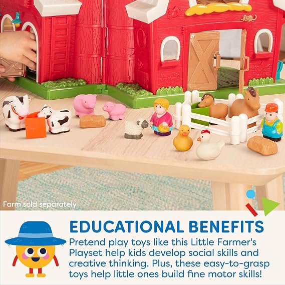 Battat Little Farmer's Playset Farm Animal Play Set, 25 Pieces, Toddler | 25-piece toddler farm playset with 10 animals, tractor, trailer, 2 farmers, 6 fences, hay stacks, troughs, 18+ Months