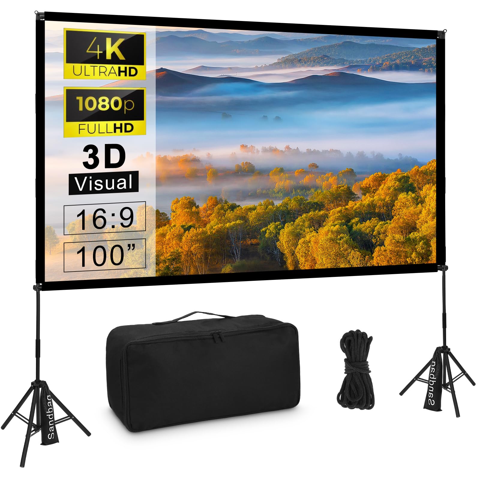 Proiettore Tela con Treppiede 100 Pollici Proiettore Tela Portatile Outdoor Cinema 16:9 HD Rear Front Giardino Proiezione con Borsa per la Casa Cortile Teatro Notti Campeggio
