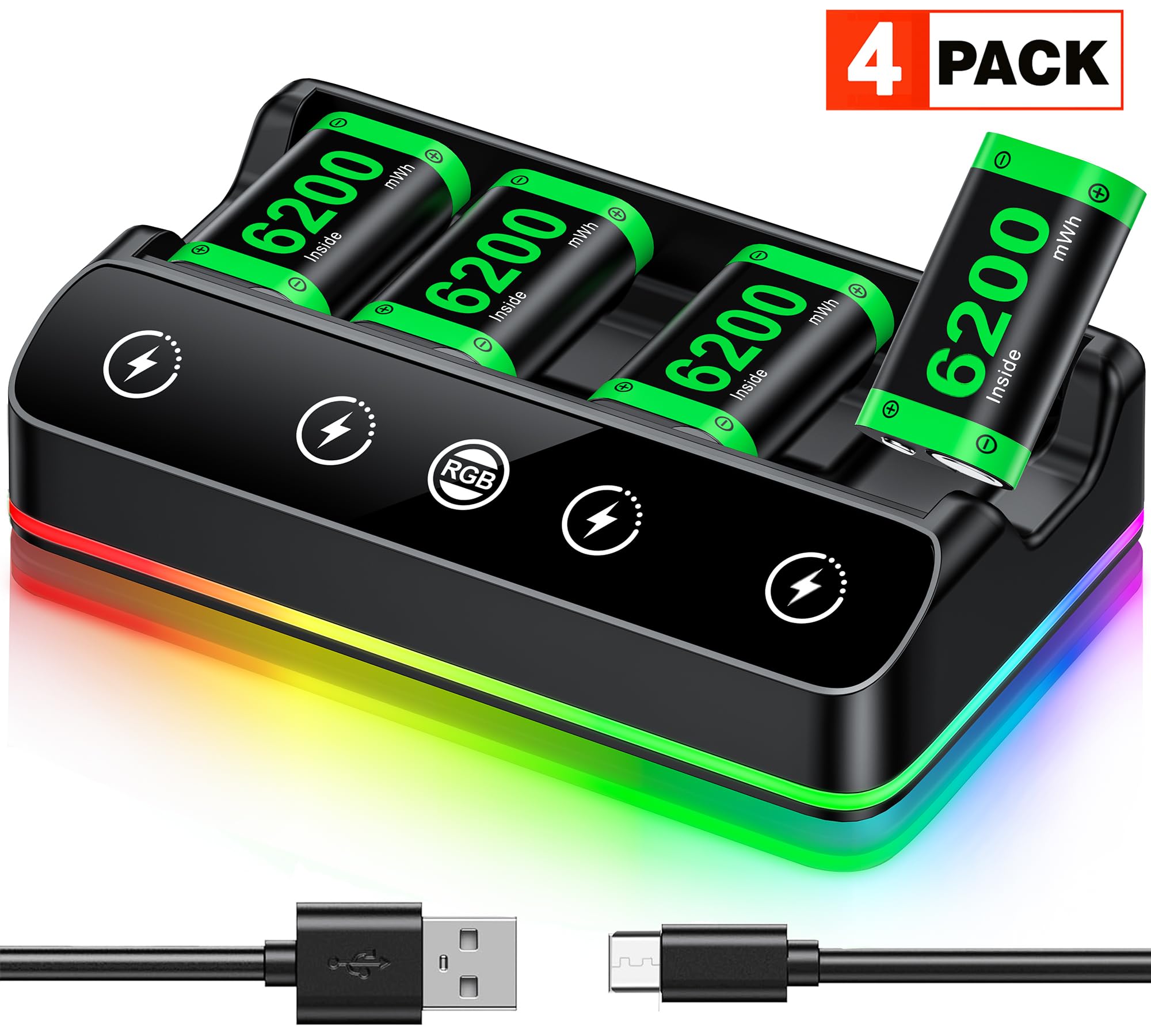 CYOYPPY Rechargeable Xbox Controller Battery Pack Charging Station,4x6200mWh Xbox Battery Pack with Fast Charging Station