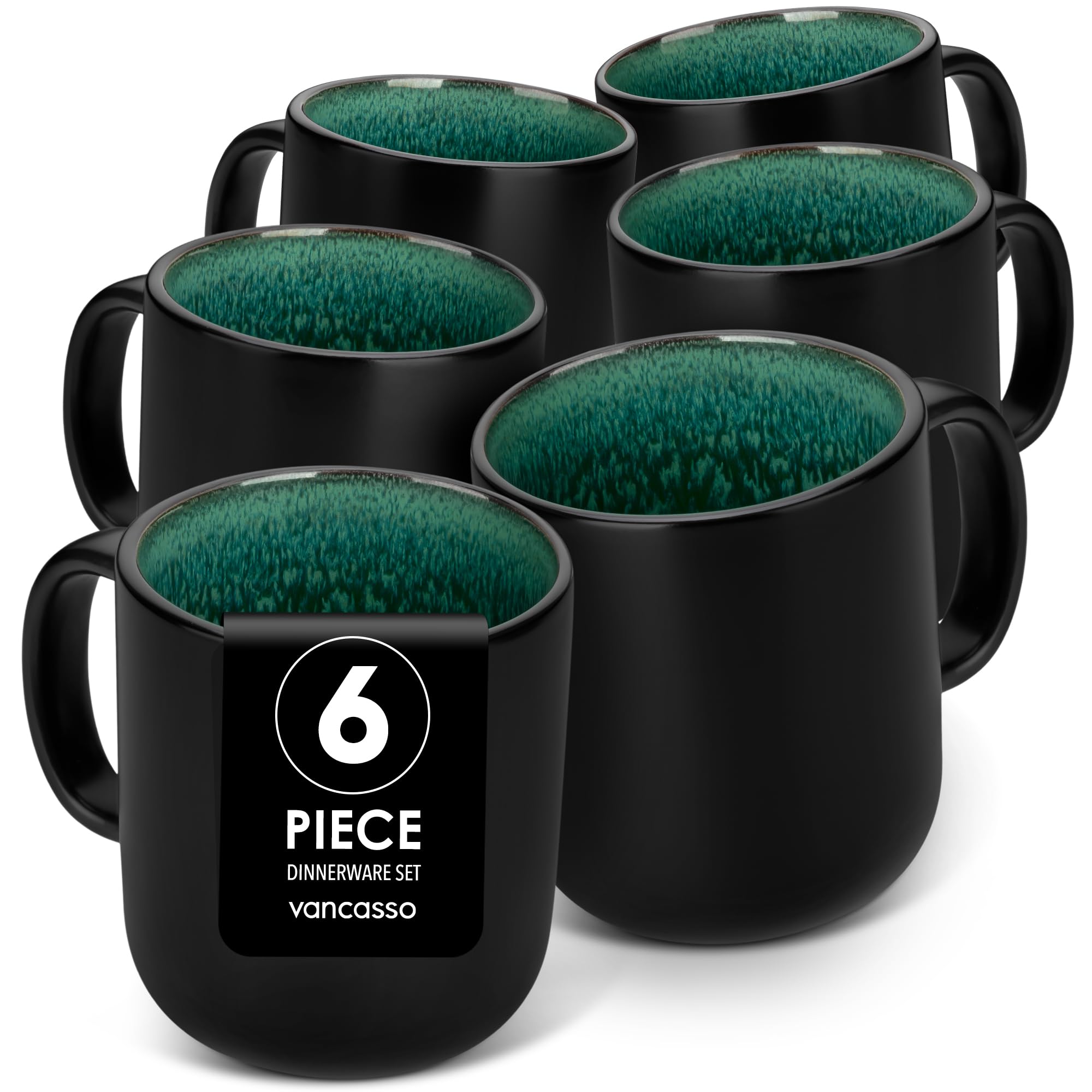 vancasso Playa Coffee Mugs, 15oz/460ml Stoneware Mugs Set of 6, Coffee and Tea Cups with Handle, Microwave & Dishwasher Safe, Suitable for All Kinds of Drinks, Green