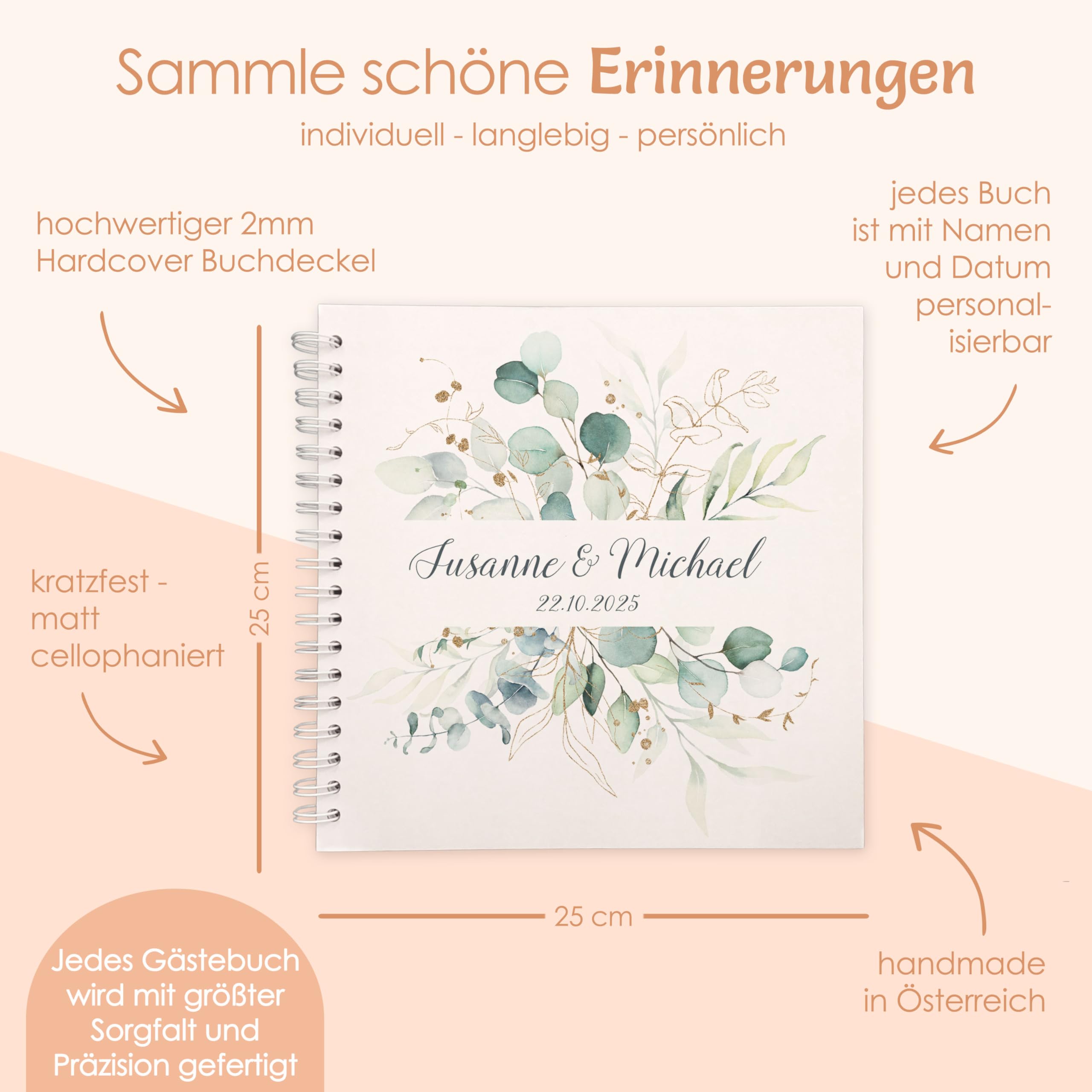 Gästebuch Hochzeit Eukalyptus mit Fragen, Hochzeitsgästebuch mit Namen des Brautpaares personalisiert, Ringbuch 25x25 cm zum Ausfüllen mit Spiralbindung, Feenstaub