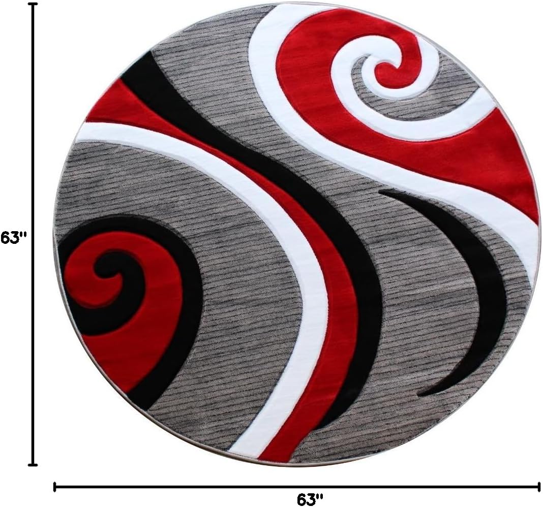 Masada Rugs, Sophia Collection Hand Carved Area Rug Modern Contemporary Red White Grey Black (5 Feet 3 Inch X 5 Feet 3 Inch) Round