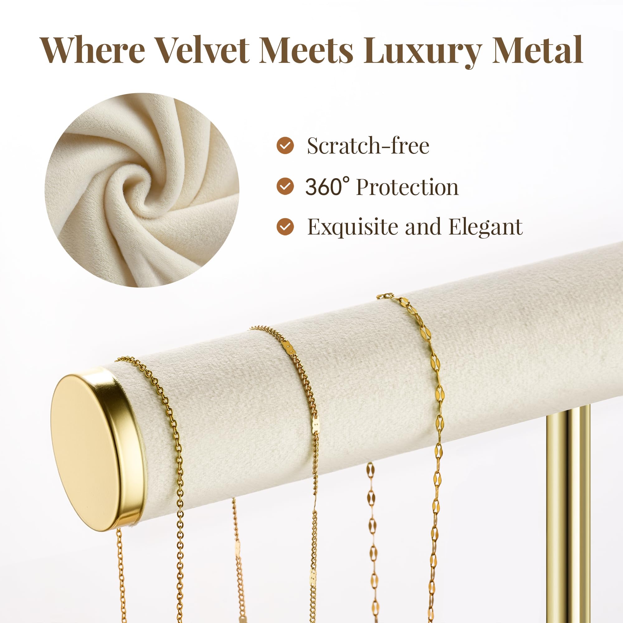 Josmimic Organizador de Joyas 3 Niveles - Grande Expositor Beige para Pulseras, Expositor con Barra en T Extraíble, Soporte de Terciopelo para Pulseras, Collares, Relojes y Anillos