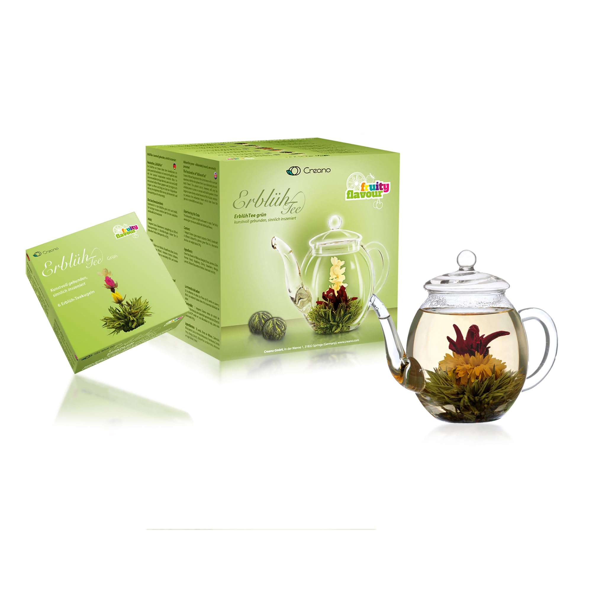Creano „Fleurs de Thé“ Verts 6 pcs – Théière en Verre 500ml sans goutte – 6 variétés de thé vert aromatisé – Idée cadeau femme