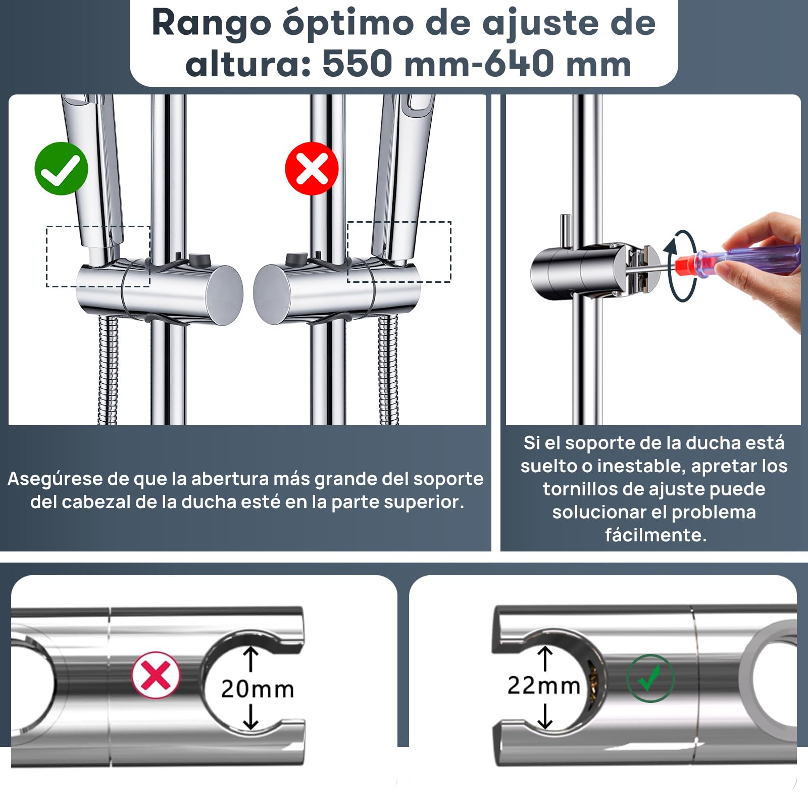 Columna de Ducha 90cm con 3 Funciones Alcachofa de Mano, Soporte de Alcachofa de Ducha Ajustable y Manguera Flexible 1,5m, Barra de Ducha sin Mezclador, Acero Inoxidable 304, Cromo