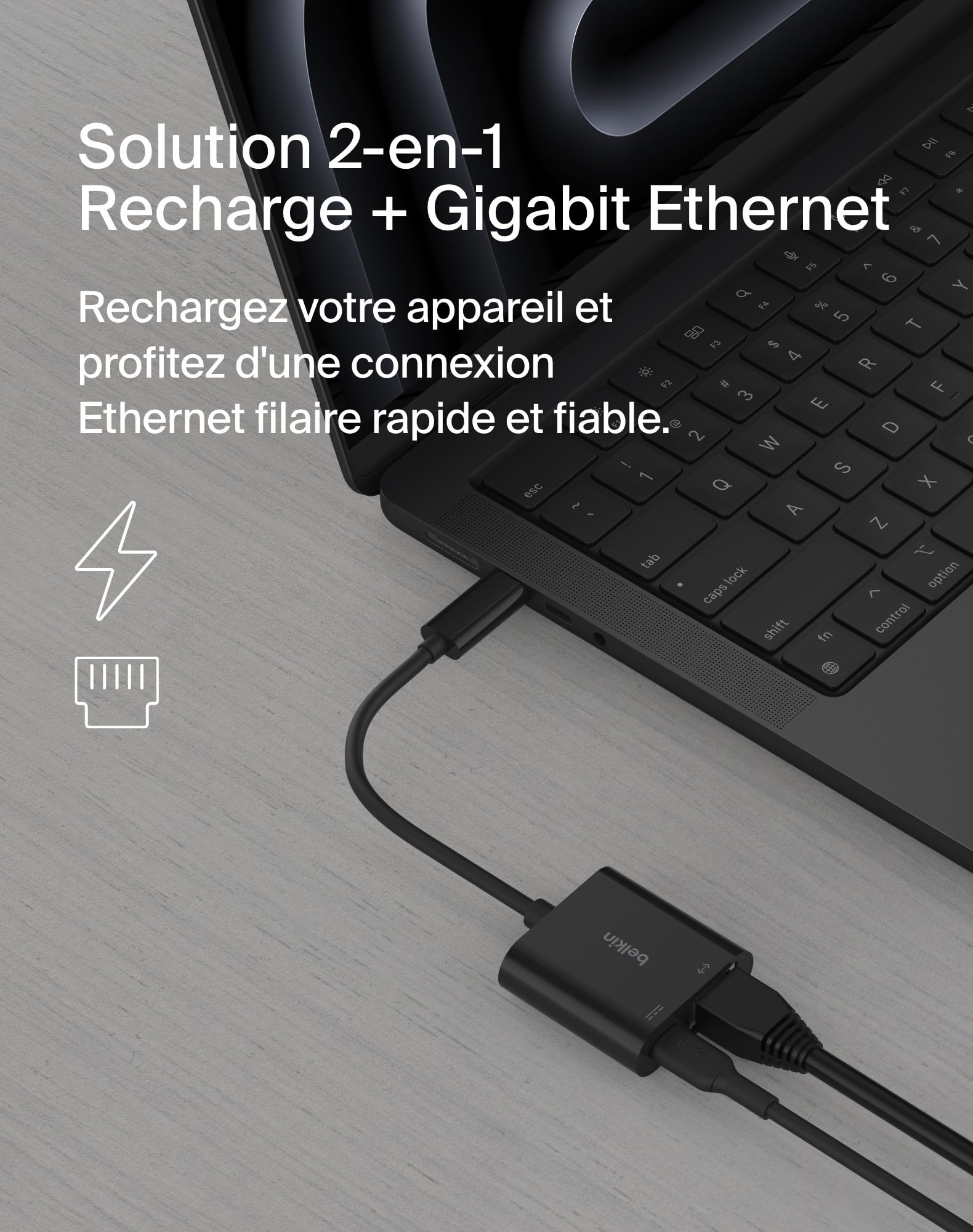 Belkin Connect Adaptateur USB-C vers Ethernet 100 W Gigabit Ethernet 10/100/1000 Mbits Recharge Rapide
