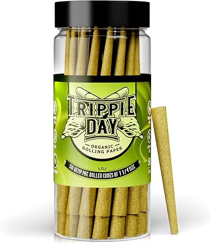 Trippie Day 50 conos de cáñamo prensados preenrollados | Incluye palos de embalaje | Tamaño 1 1/4 (3.307 in)