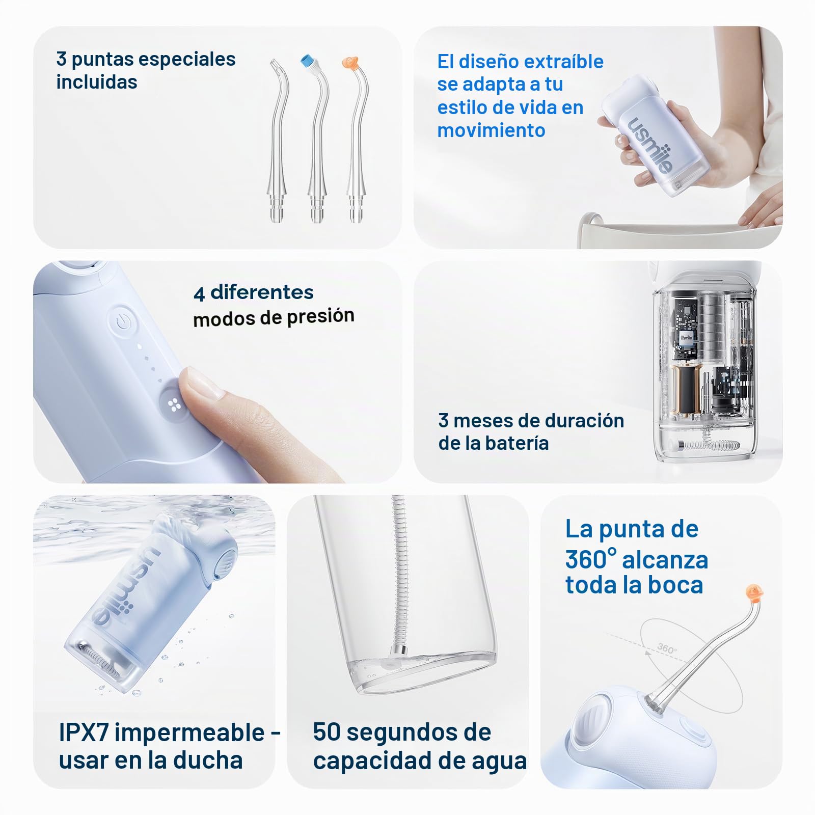 usmile Irrigador bucal portátil C10 – 95 días batería, 4 modos, depósito 180 ml, IPX7 resistente al agua