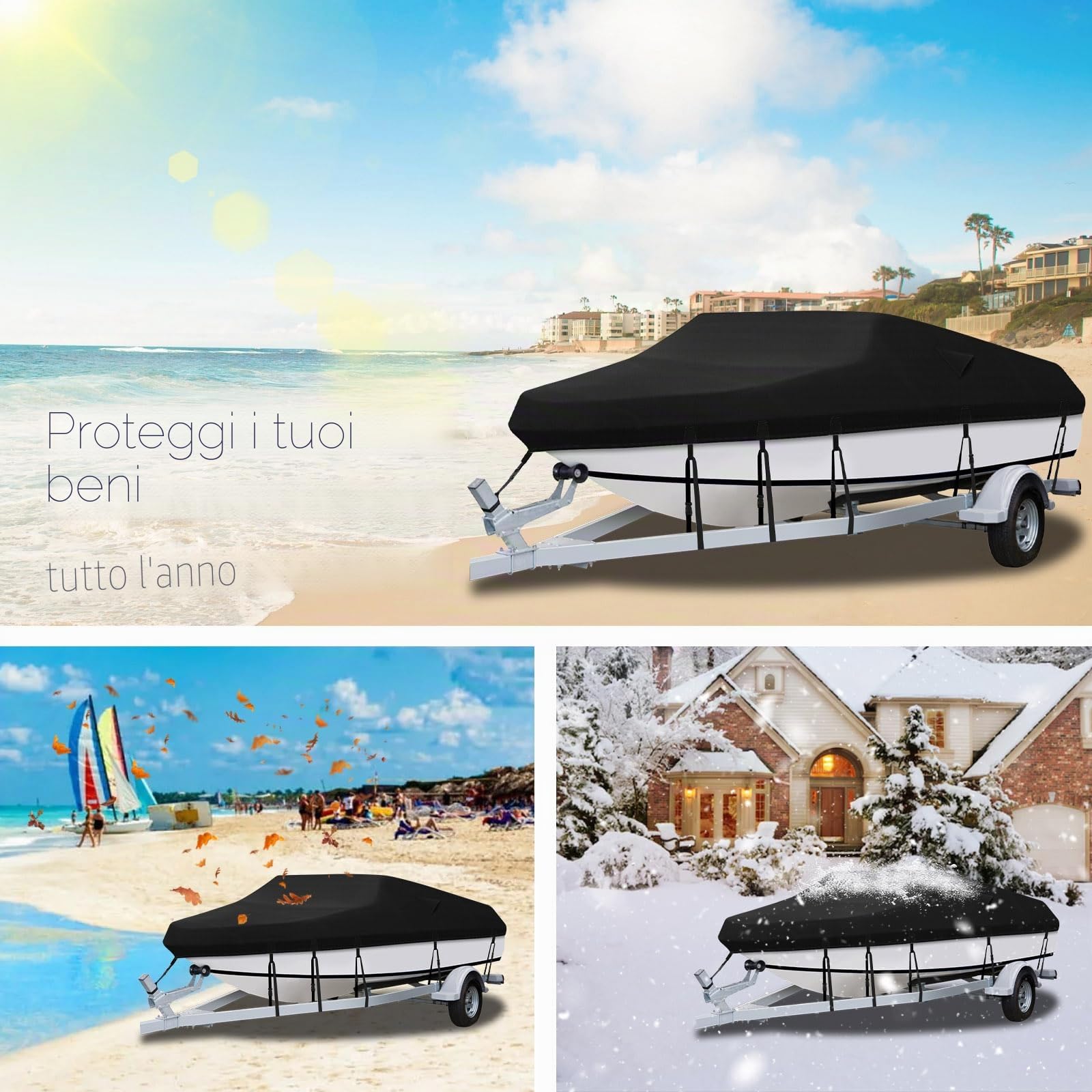 Copertura per Barca Telo Copri Barca Tessuto Oxford 900D Resistente, Coperture per Barca Impermeabile, Antivento e Resistente ai Raggi UV per Scafo a V, Barca da Pesca - Black (20-22ft)