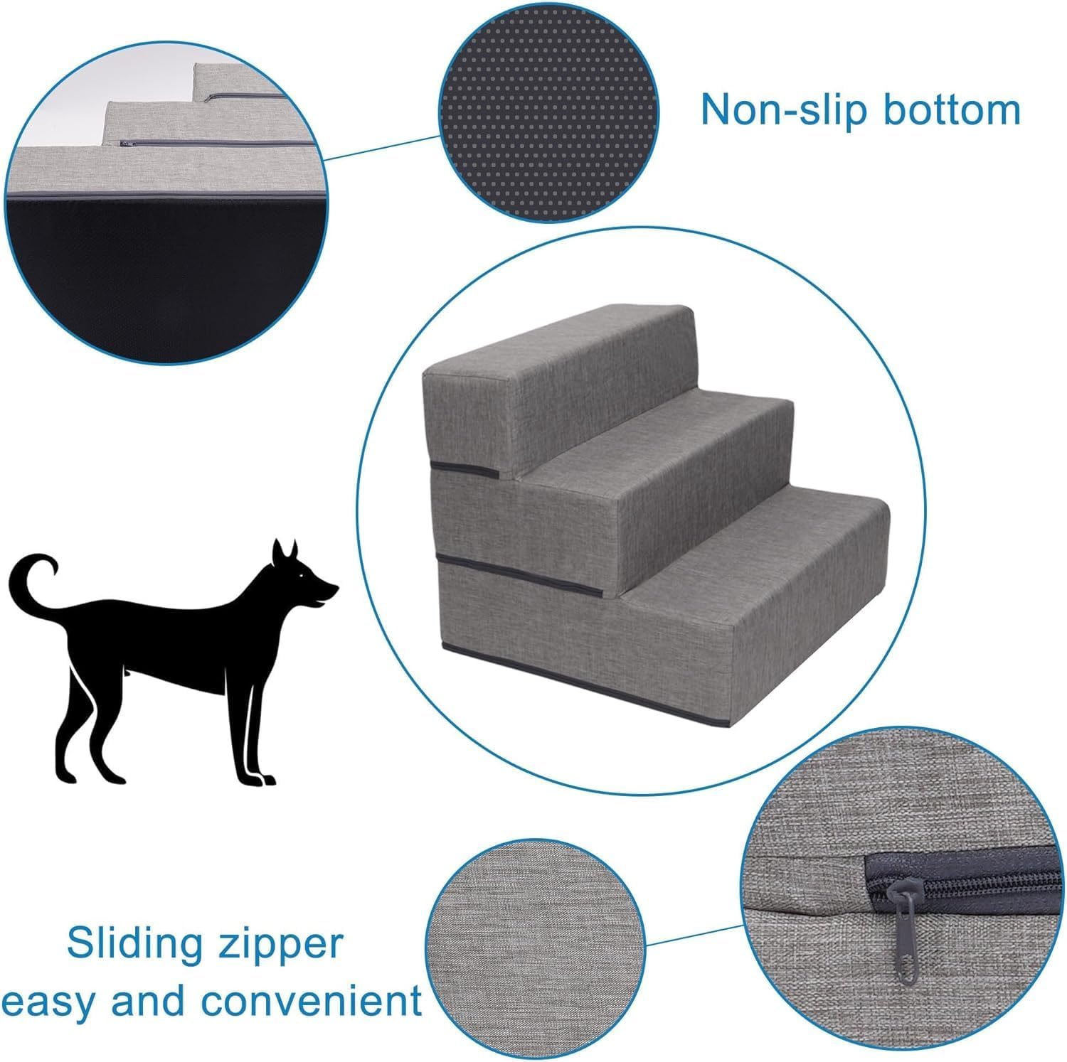 Elevon Dog Stairs for Bed 18" H, 3-Step Dog Steps for High Bed and Couch, Pet Steps for Small Dogs and Cats, Non-Slip Balanced Pet Ramp Indoor, Grey