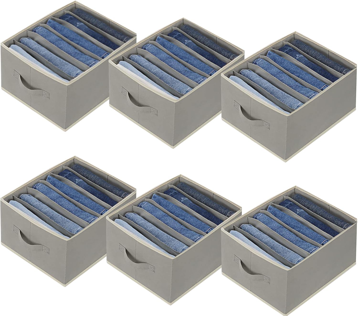 6 Pcs Large Size Wardrobe Clothes Organizers 6 Grids for Pants, Jeans, Sweater, T-shirt, Thin Coat, Dress Stackable Closet Drawer Organizer Storage Bin Container with Sturdy Handles, Grey