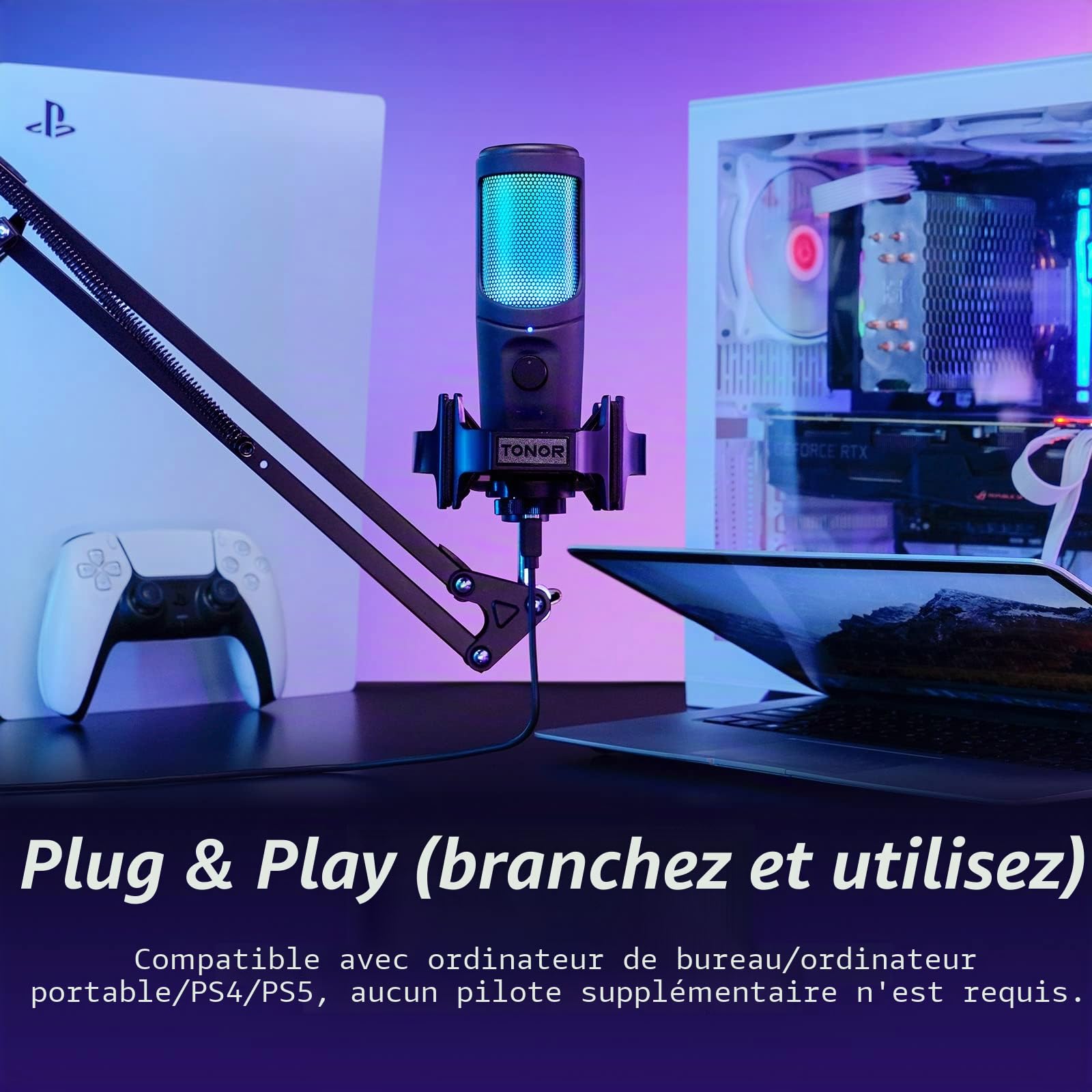 TONOR Micro USB Gaming RGB pour PC avec Bras Articulé, TC40