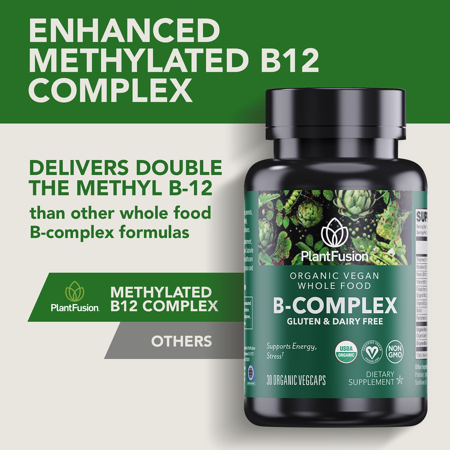 PlantFusion Organic Vitamin B-Complex, Vegan Whole Food Supplement for Energy & Metabolism, Methylated B12, Guava, Lemon & Basil, Non-GMO, Gluten-Free - 30 Capsules — Amazon image 3