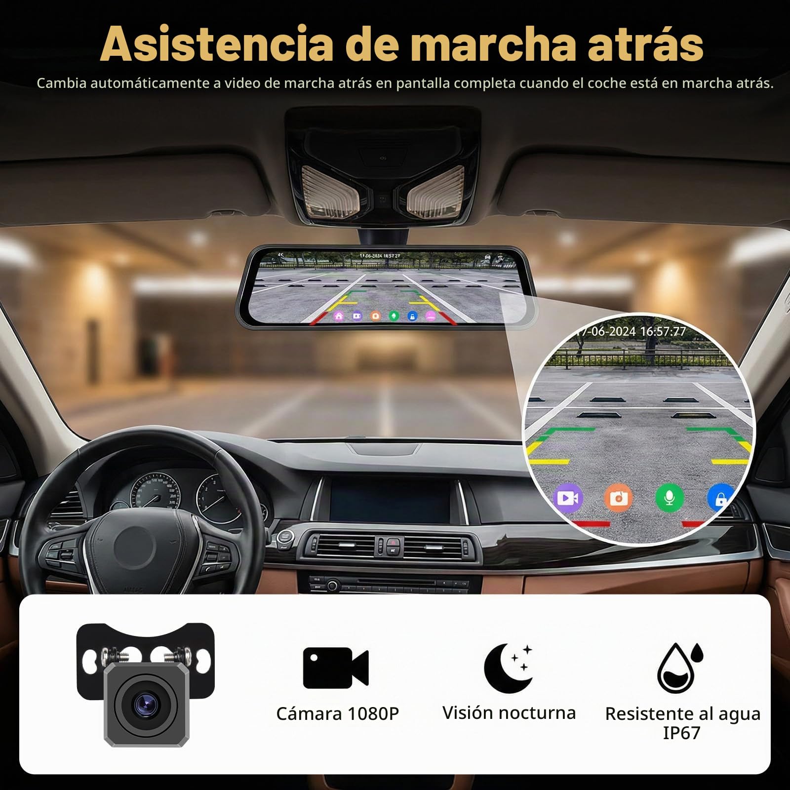 SIXTOP Cámara de Salpicadero Espejo 9,66 Pulgadas y Cámara de Visión Trasera | 4K Frontal + 1080p Trasera | Visión Nocturna WiFi y Control Aplicaciones BSD LCA Sensor G Grabación en Bucle