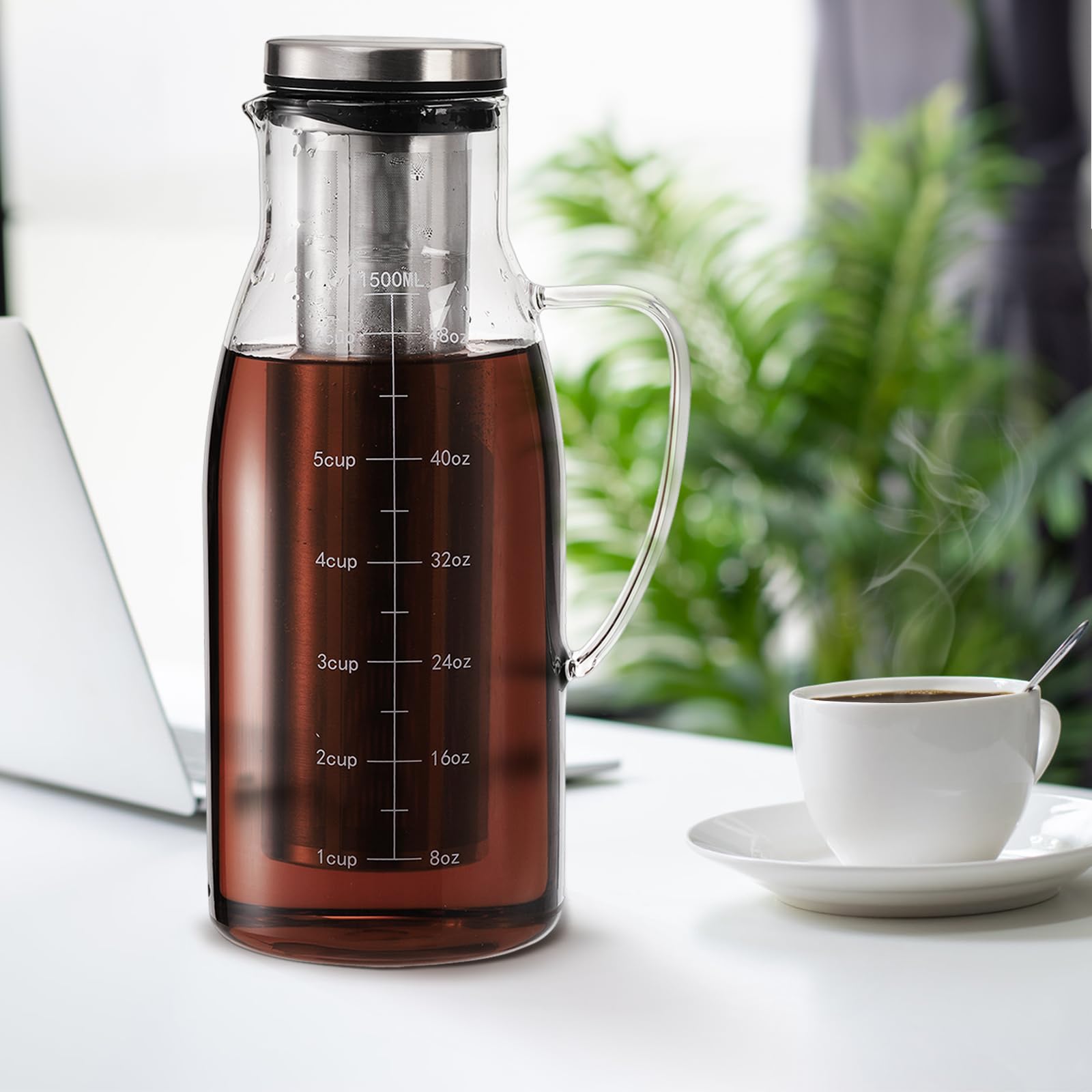 Tebery Jarra de café helado Cold Brew con filtro de acero inoxidable extraíble y tapa, jarra de vidrio de 1,5 L/1,445.8 g con boquilla para café, té helado, bebidas de frutas, limonada