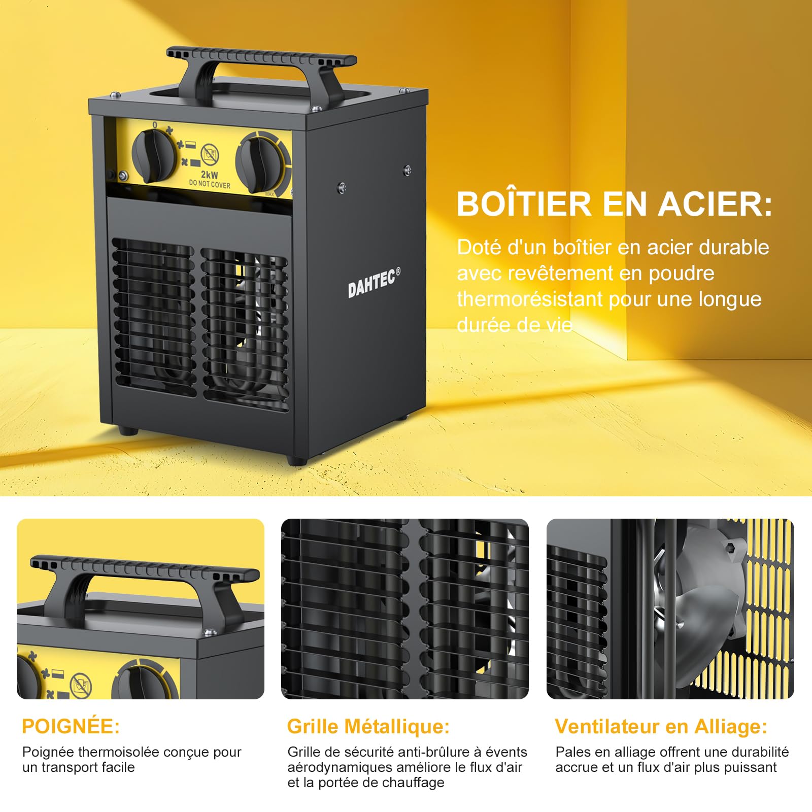 Industriel Chauffage électrique 2000W Renforcé - Carcasse Acier - Portatifs pour Chantiers - Chauffage Soufflant - Thermostat & Protection Surchauffe - Idéal Chantier/Garage/Serre Agricole