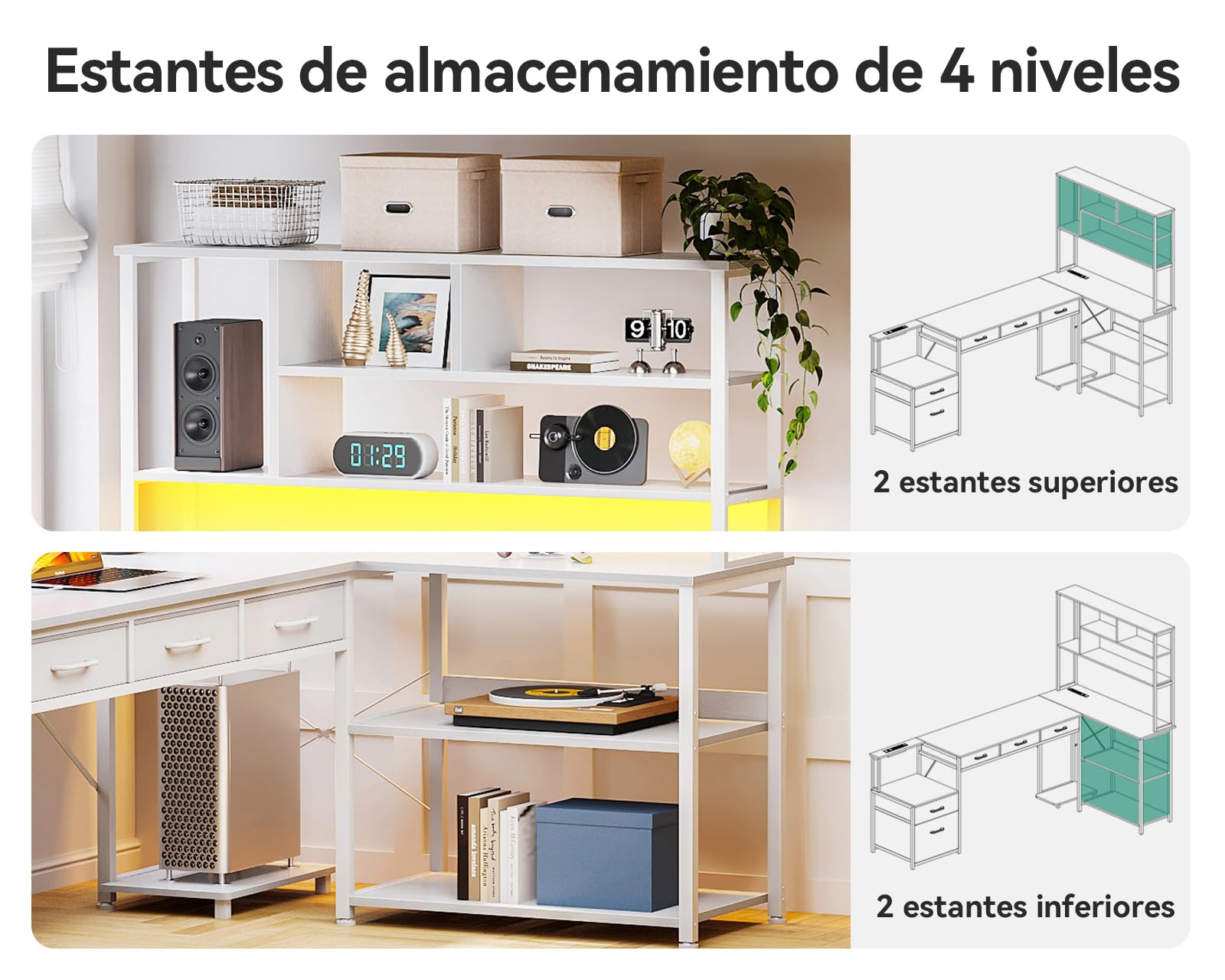 Coleshome Escritorio de Esquina en L con 5 Cajones, 4 Estantes, Luz LED, Tomas de Corriente y USB, Ideal para Oficina en Casa, Estudio o Juegos, Blanco, 200x110 cm