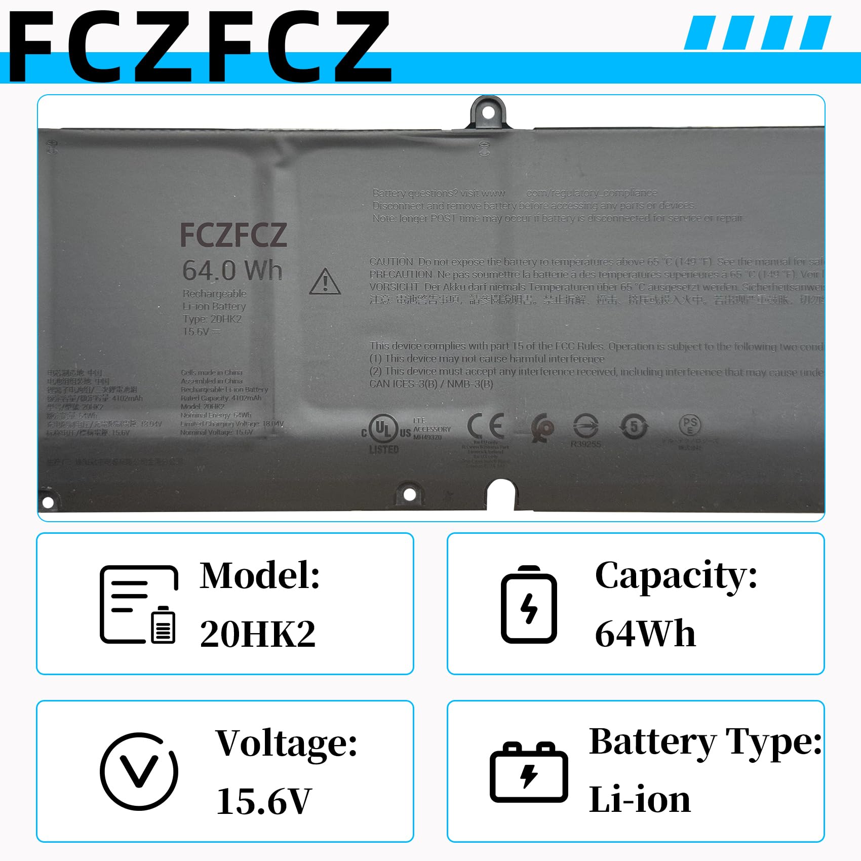Amazon.com: FCZFCZ 20HK2 Battery 64Wh 4102mAh Replacement for Dell