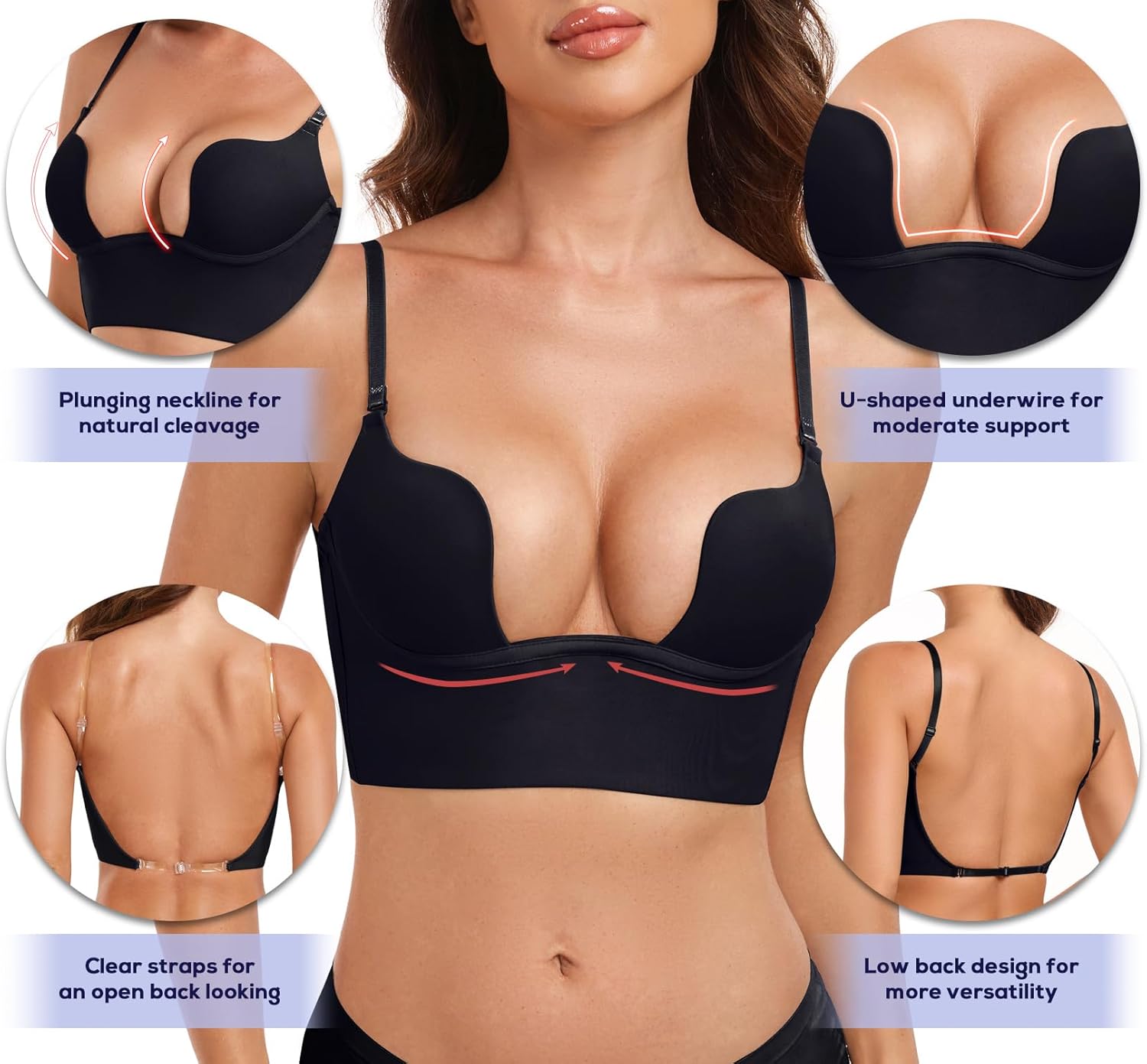 Women's Deep Plunge Low Cut Backless Bra Push Up Seamless Underwire Bra with Padded Convertible - Image 5
