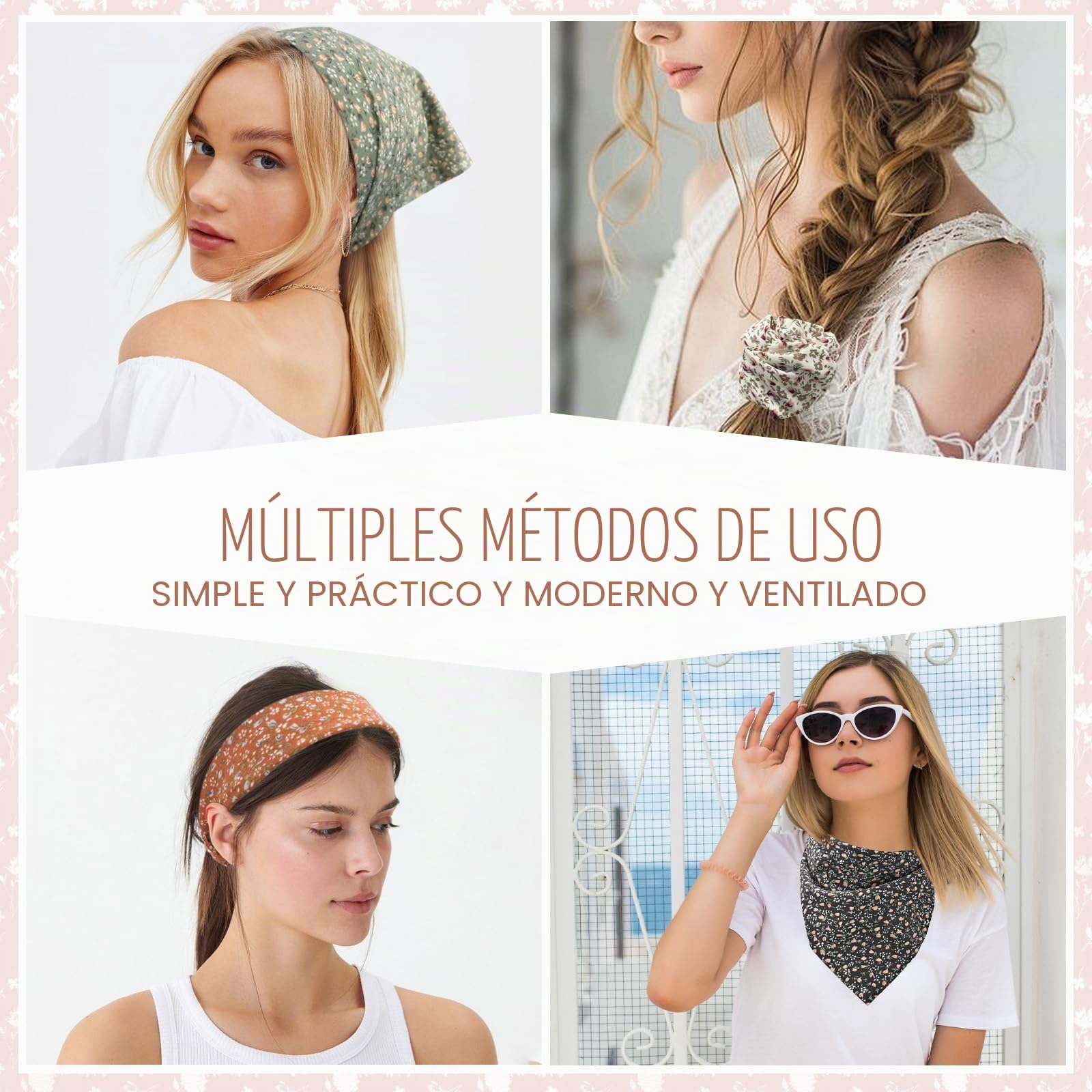 Pañuelos para mujer con flores, diademas elásticas boho de gasa, accesorio para el cabello para mujer y niña