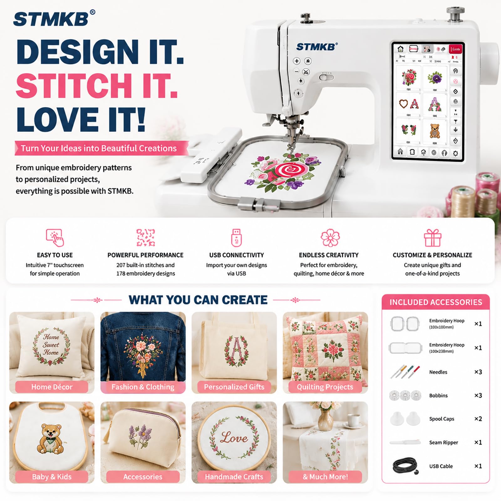 Computergesteuerte Stickmaschine Mit 7-Zoll-Touchscreen, Näh- Und Stickkombination, 207 Stichmuster Und 178 Integrierte Designs, Automatischer Nadeleinfädler, USB-designimport