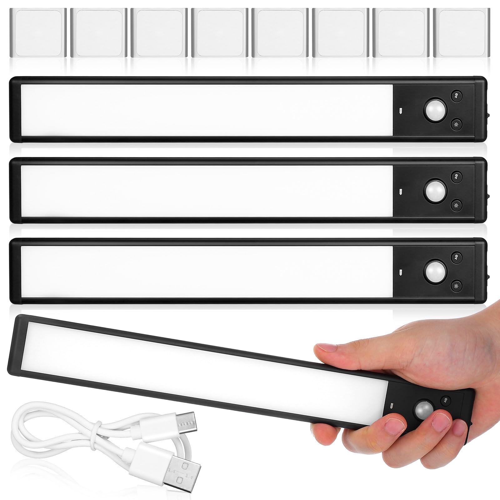 Healvian 4 Stück Sensorische Unterbauleuchten Schwarz mit Bewegungsmelder und Batteriestandsanzeige für Küche und Flur aus Aluminiumlegierung und Kunststoff