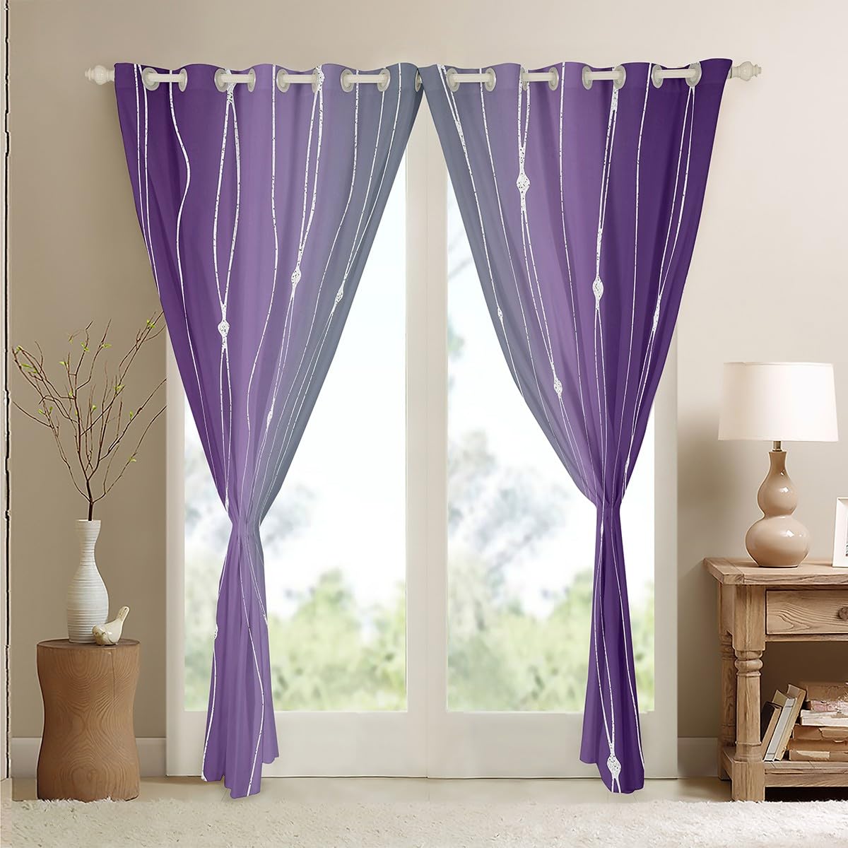 Homewish Modern Gray and Purple Blackout Curtains, Gradient & Striped, 46" W x 54" L, 2 Panels, Grommet Top, Bedroom & Living Room - Image 3