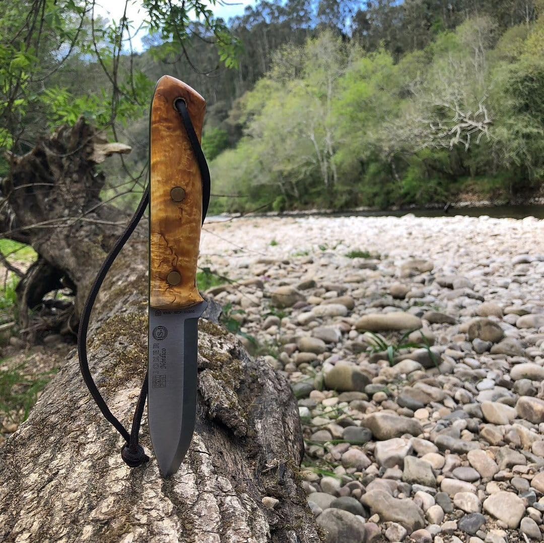 Joker Sport Hunting Knife Nórdico 115, Brown Leather Sheath, 3.94 inches Blade of SANDVIK 14C28N, Tool for Fishing, Hunting, Camping and Hiking (Curly Birch, Leather Sheath with FireStarter)