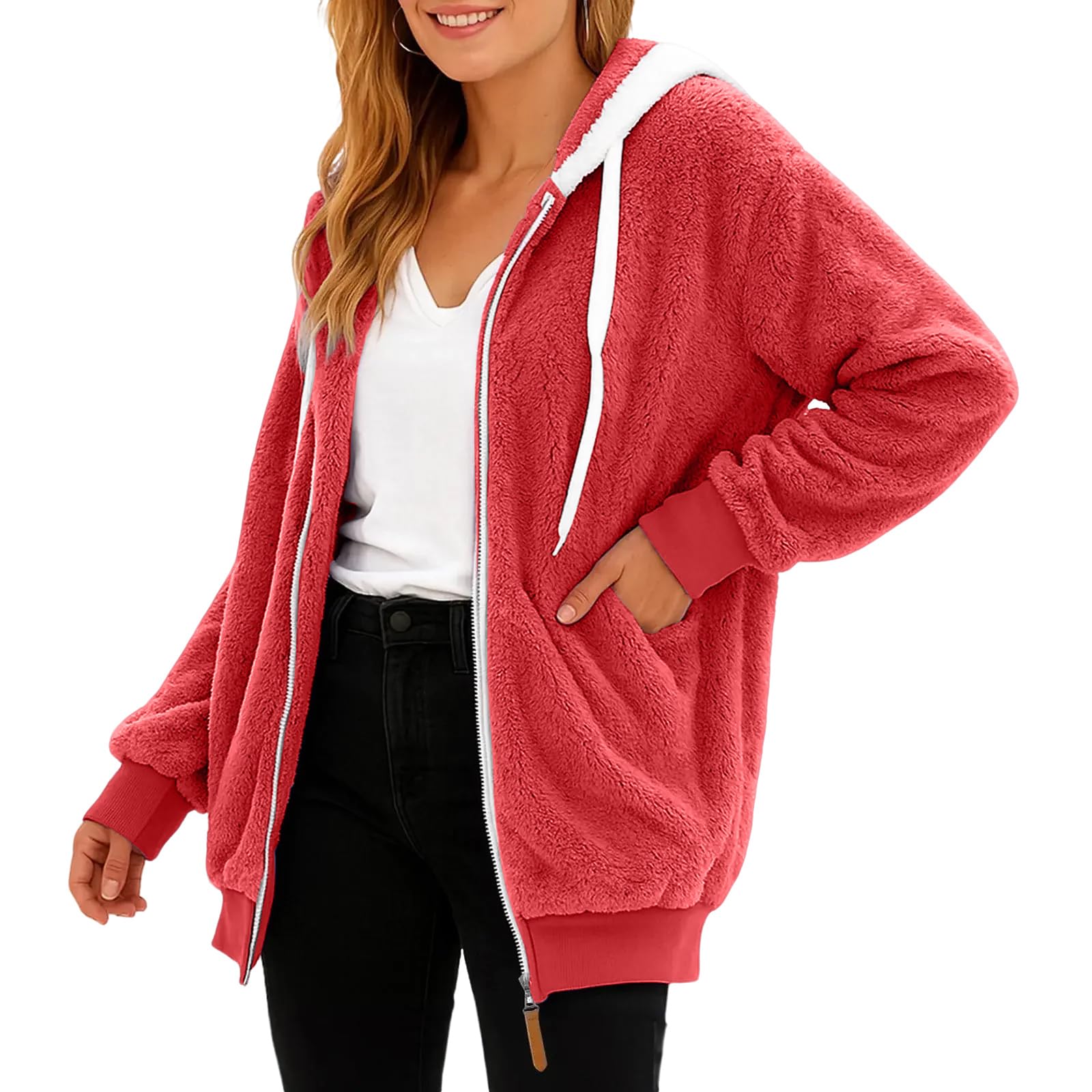 Generisch Fleecejacke Damen Mit Kapuze Winterjacke Damen Warm Teddyjacke