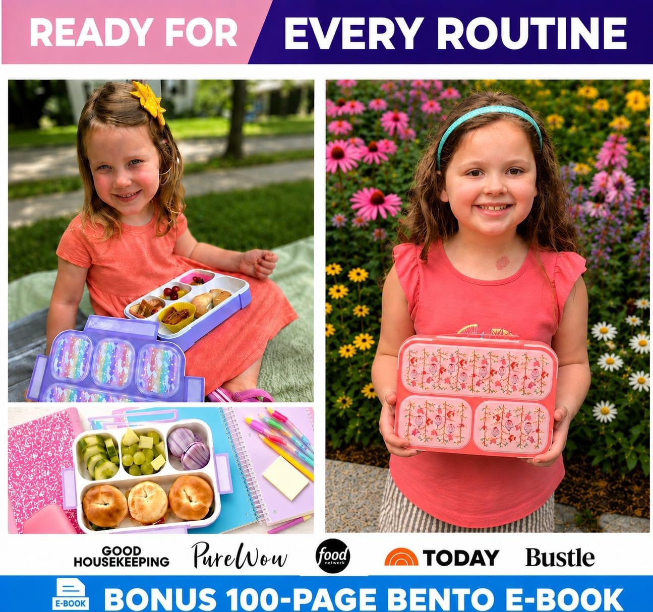 kinsho Bento Box Lunch Boxes for Kids Girls, Meal and Snack Containers for Toddler Daycare, School Travel, Loncheras Para Ninas, Utensils Included (Purple Rainbow Unicorn + Pink Flowers, 2 Pack Set)