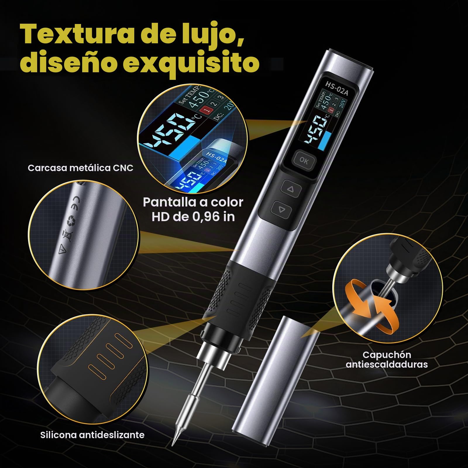 HS-02A Kit de soldador portátil con cable de 100W, soldador controlado por temperatura, calentamiento rápido 3S, 100-450 °C, temperatura preestablecida de 3 grupos, 6 puntas de soldadura para