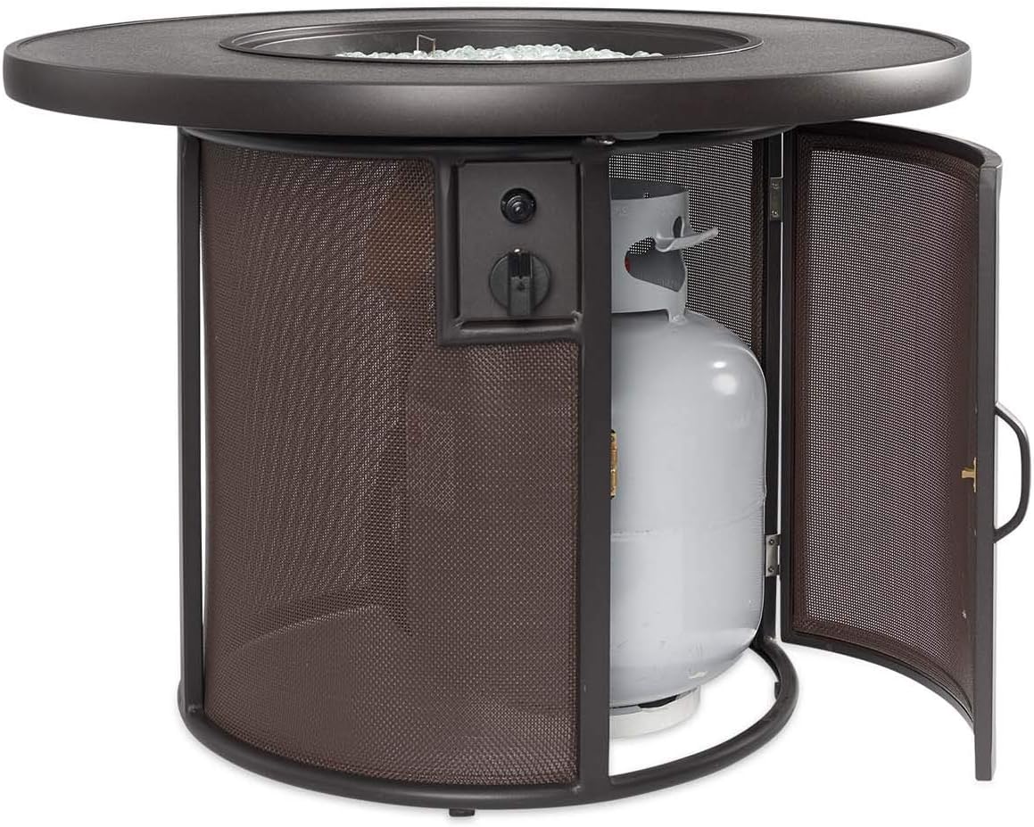 Outdoor GreatRoom Co Propane Fire Pit Table - Stonefire Gas Fire Pits for Outside Patio - 31" Round Composite Firepit Fire Table, Matching Tabletop Cover, Aluminum Frame Mesh Base, 55,000 BTU - Brown