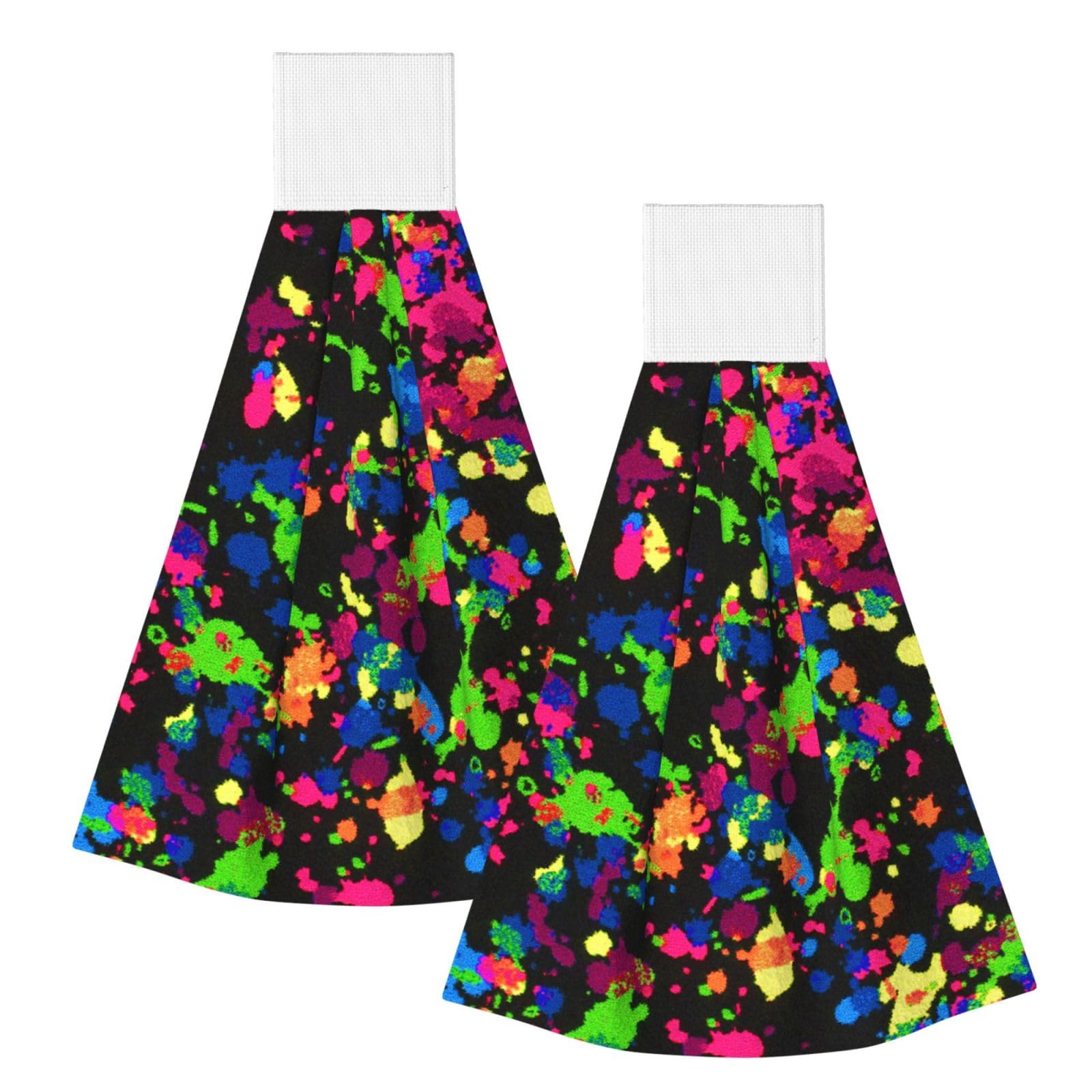 DOPKLNA Rainbow Of Neon Paint Splatters, 2 Pcs Hanging Coral Fiber Hand Towels for Bathroom, Absorbent Kitchen Towels