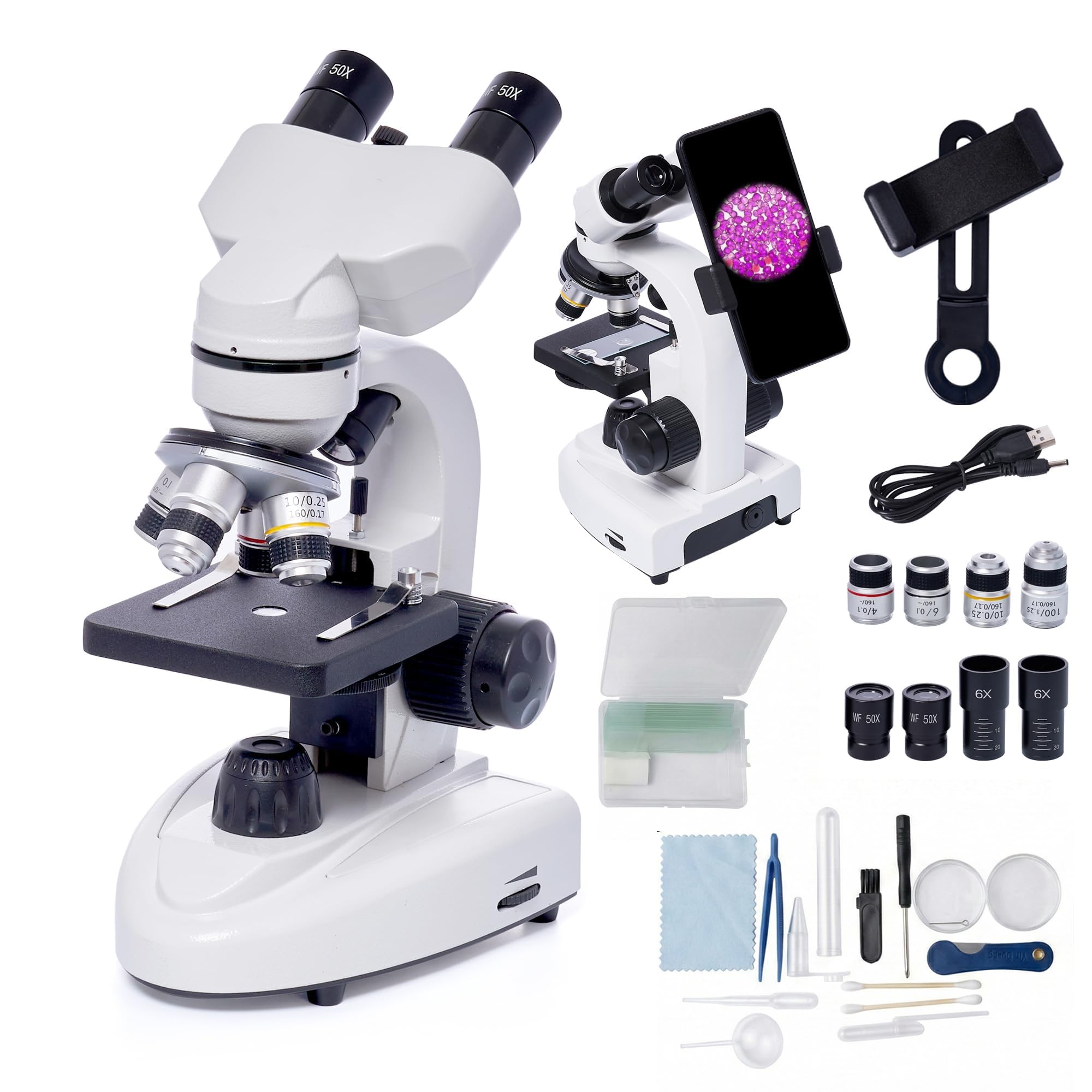 Binocular Compound Biological Microscopes 200X-5000X with LED Illumination, Slides Set & Mobile Phone Holder for Adults, Beginners, Teenagers, College, STEM Science Gifts