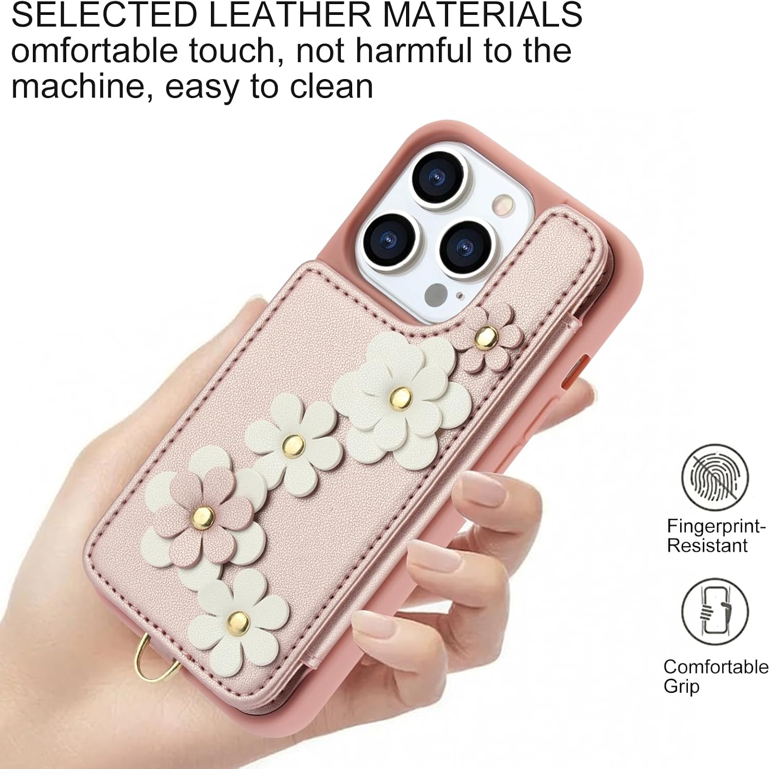 Asuwish Phone Case for iPhone 15 Pro 6.1 inch Wallet Cover with Screen Protector Card Holder Slot Crossbody Strap Flower Cell Accessories iPhone15Pro 5G i i-Phone i15 iPhone15 15Pro Women Rose Gold