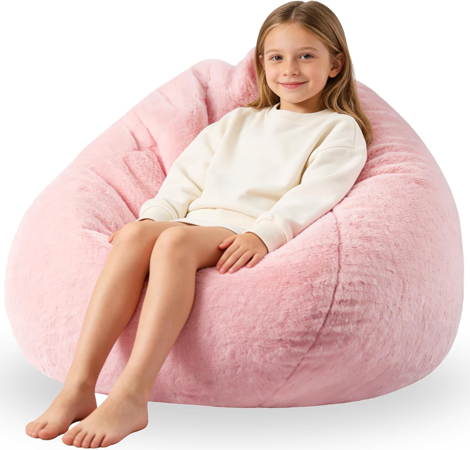 ENBAOHUI 3FT Faux Fur Comfy Memory Foam Bean Bag Chairs for Kids or Babies with Filling Bean Bag Sofa with Handle Super Soft Washable Faux Fur Fabric Lazy Sofa 3 Foot Pink