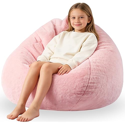 ENBAOHUI 3FT Faux Fur Comfy Memory Foam Bean Bag Chairs for Kids or Babies with Filling Bean Bag Sofa with Handle Super Soft Washable Faux Fur Fabric Lazy Sofa 3 Foot Pink